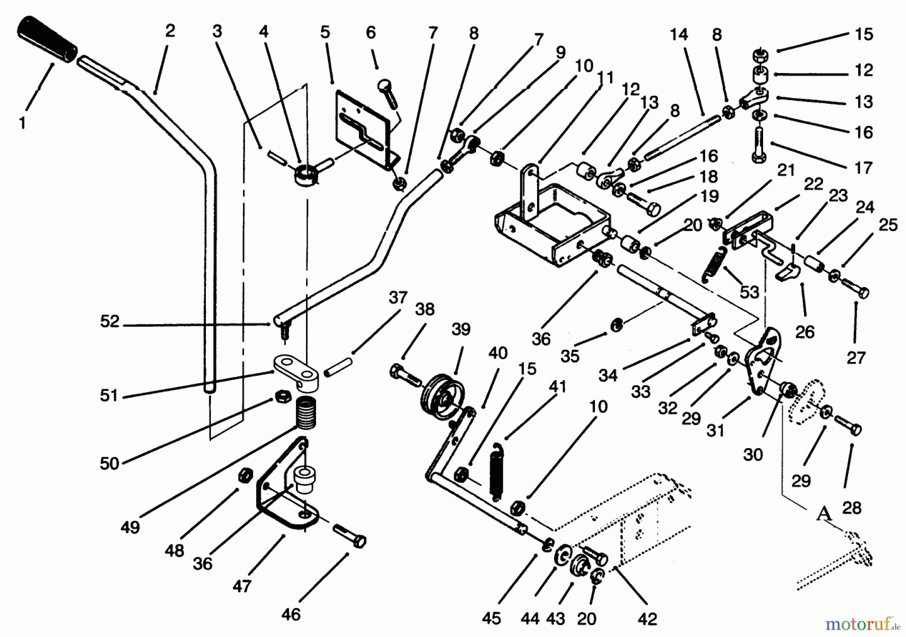 Toro Neu Mowers, Lawn & Garden Tractor Seite 1 73501 (520-H) - Toro 520-H Garden Tractor, 1995 (59002869-59002946) CLUTCH, BRAKE AND MOTION CONTROL LINKAGE