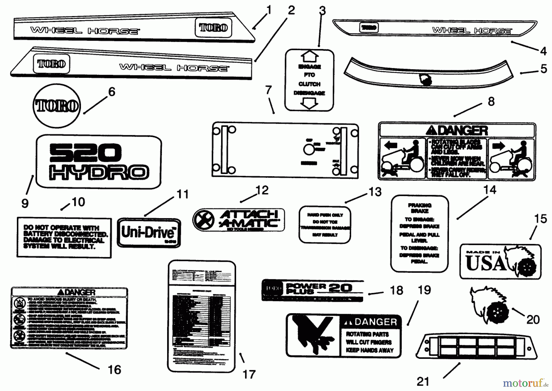 Toro Neu Mowers, Lawn & Garden Tractor Seite 1 73501 (520-H) - Toro 520-H Garden Tractor, 1995 (59002869-59002946) DECALS