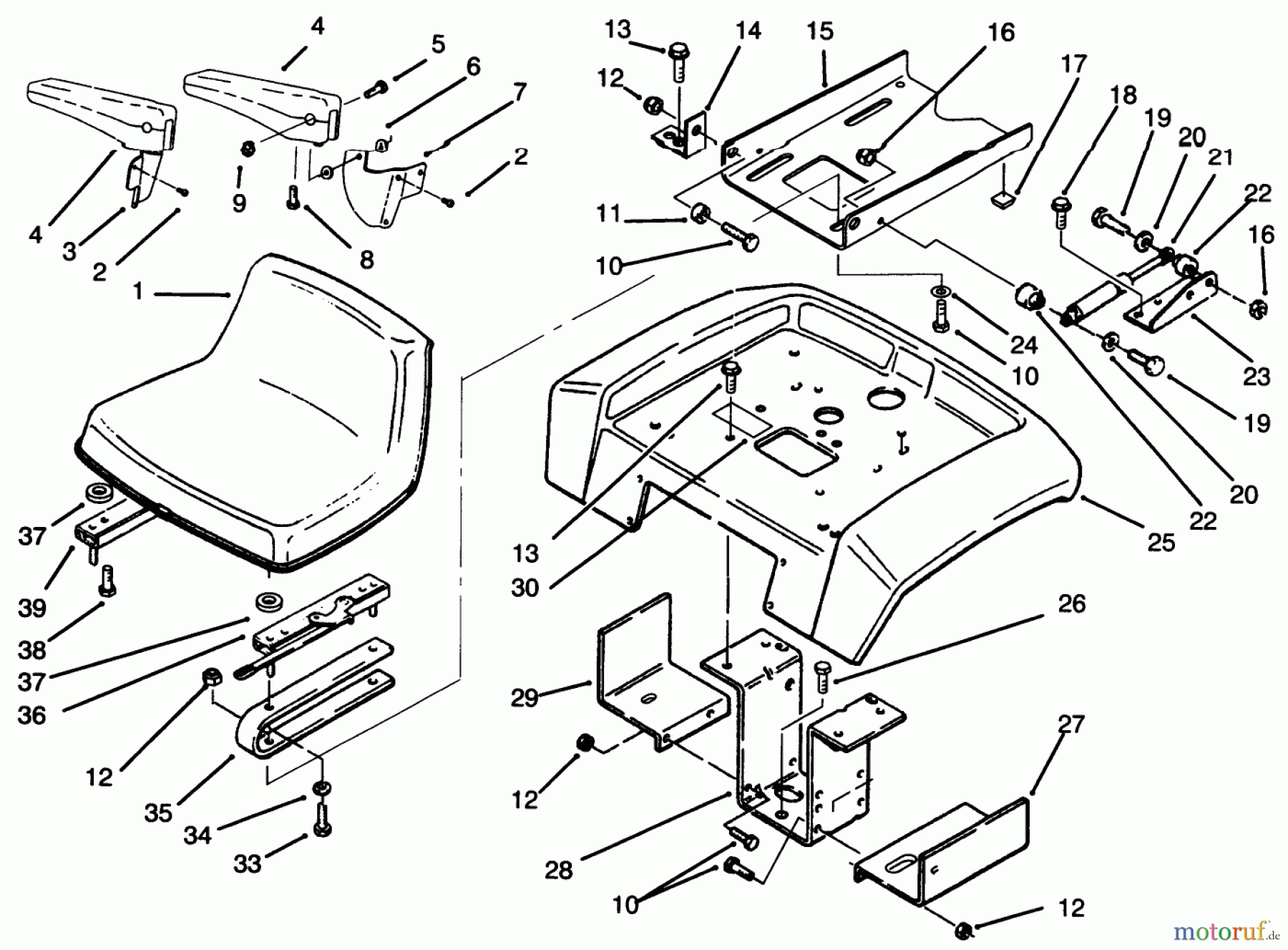 Toro Neu Mowers, Lawn & Garden Tractor Seite 1 73501 (520-H) - Toro 520-H Garden Tractor, 1995 (59002869-59002946) SEAT, FENDER AND FENDER SUPPORTS