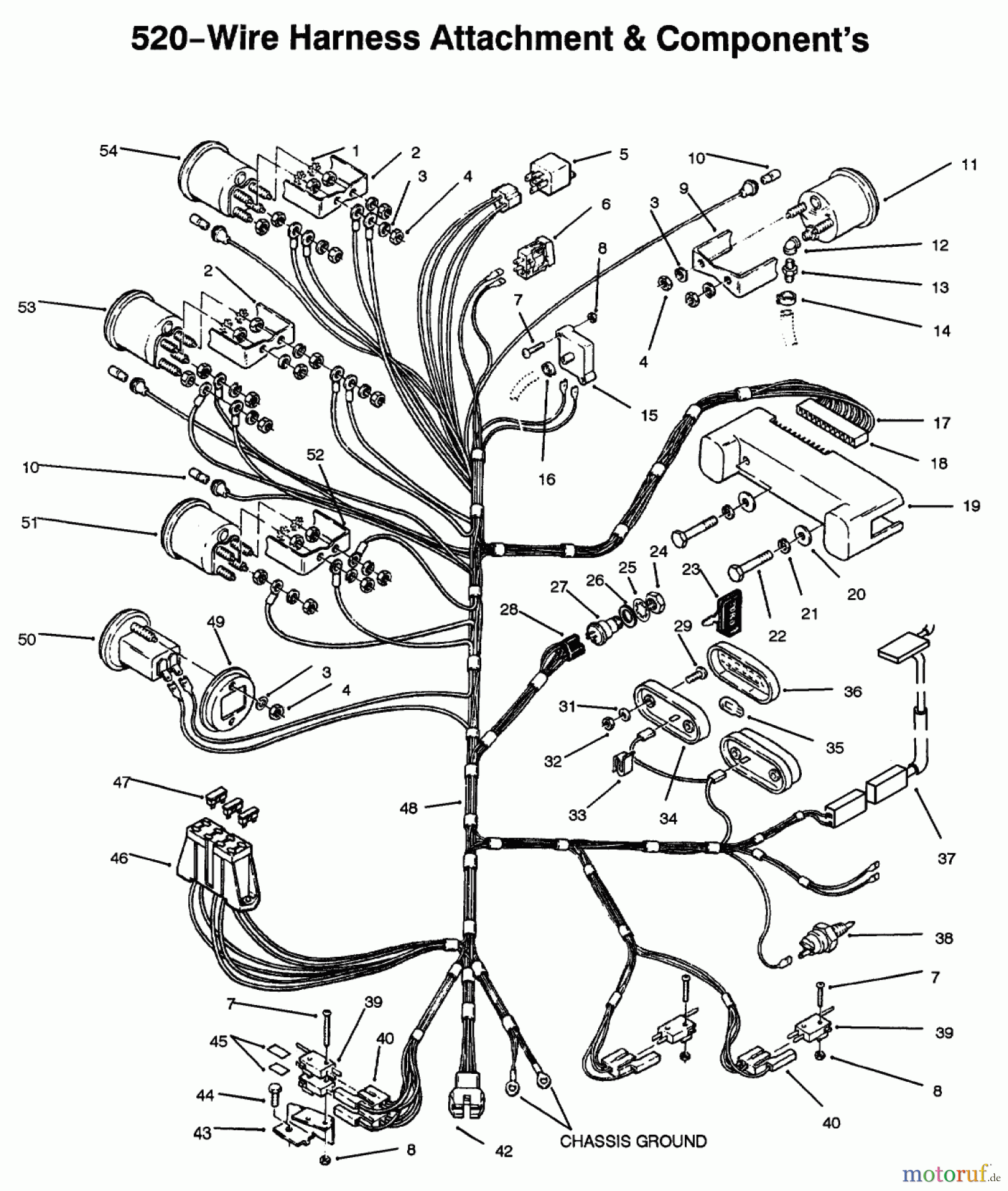 Toro Neu Mowers, Lawn & Garden Tractor Seite 1 73502 (520-H) - Toro 520-H Garden Tractor, 1996 (6900001-6999999) 520-WIRE HARNESS ATTACHMENT & COMPONENT-S