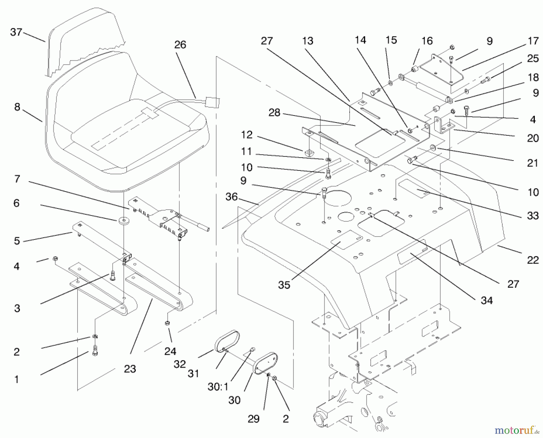  Toro Neu Mowers, Lawn & Garden Tractor Seite 1 73502 (520-H) - Toro 520-H Garden Tractor, 1997 (7900001-7999999) FENDER, SEAT & TAIL LIGHTS