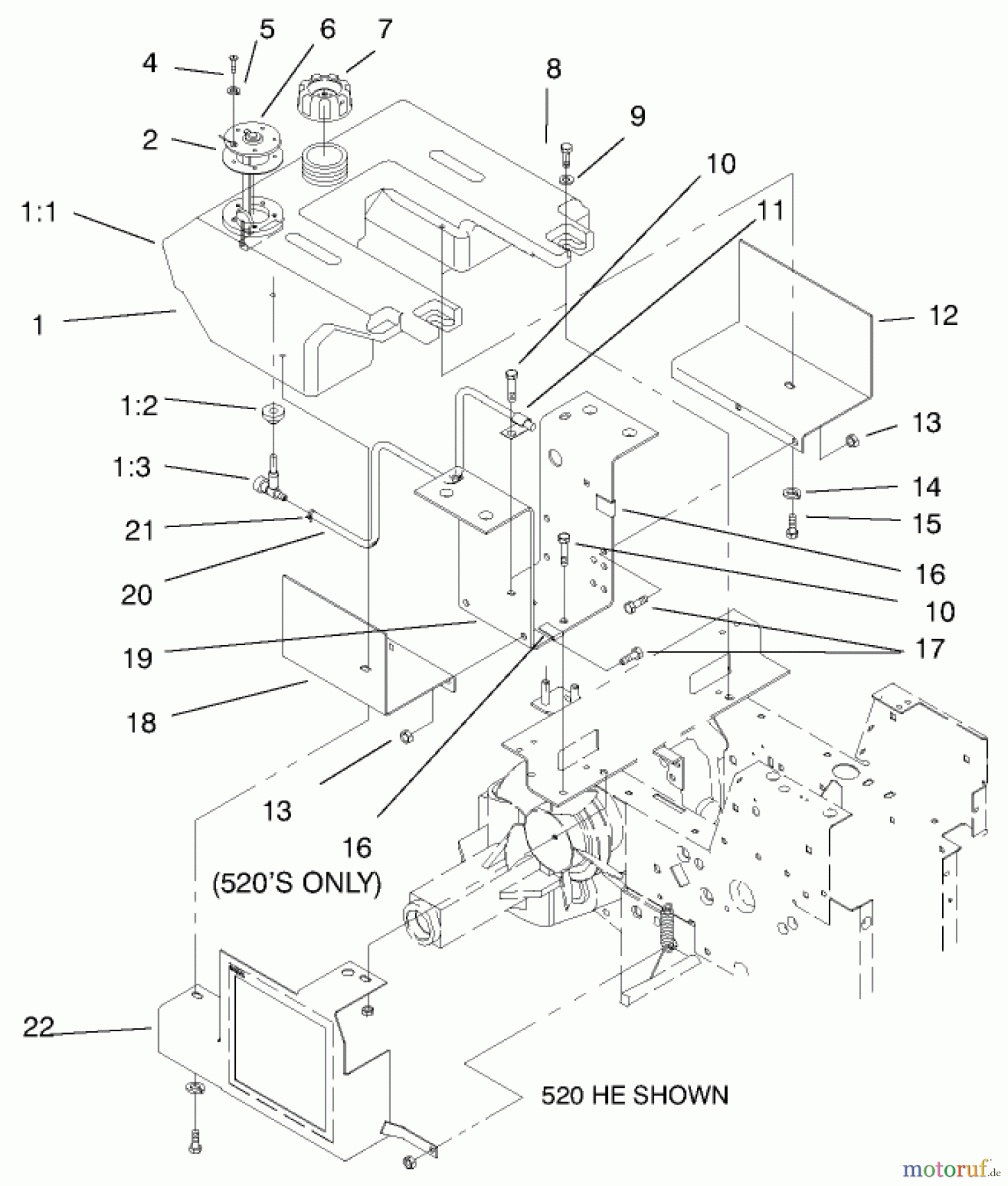 Toro Neu Mowers, Lawn & Garden Tractor Seite 1 73502 (520-H) - Toro 520-H Garden Tractor, 1997 (7900001-7999999) FUEL TANK & HYDRO FAN CONTROL ASSEMBLY 500