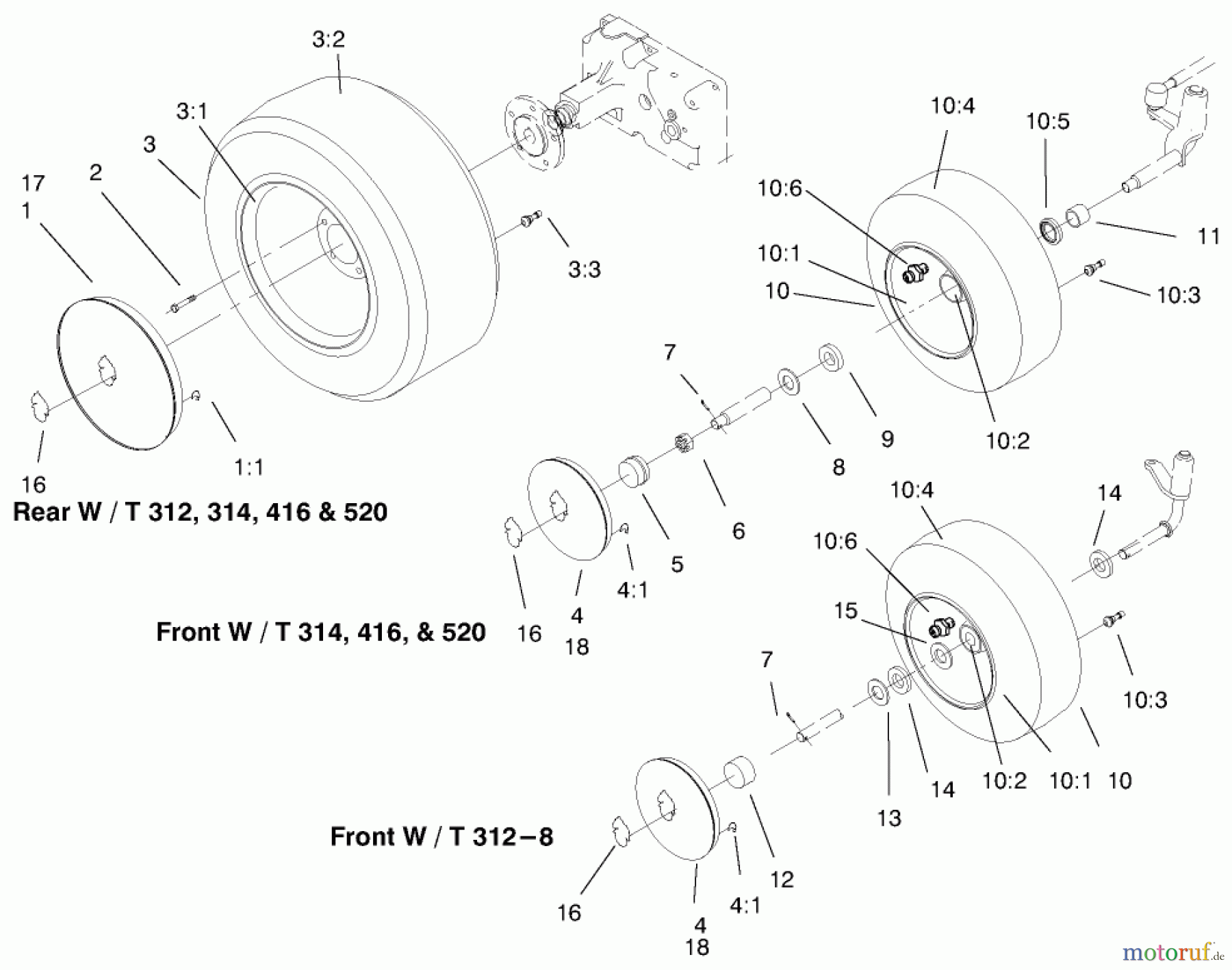 Toro Neu Mowers, Lawn & Garden Tractor Seite 1 73502 (520-H) - Toro 520-H Garden Tractor, 1997 (7900001-7999999) WHEEL ASSEMBLIES