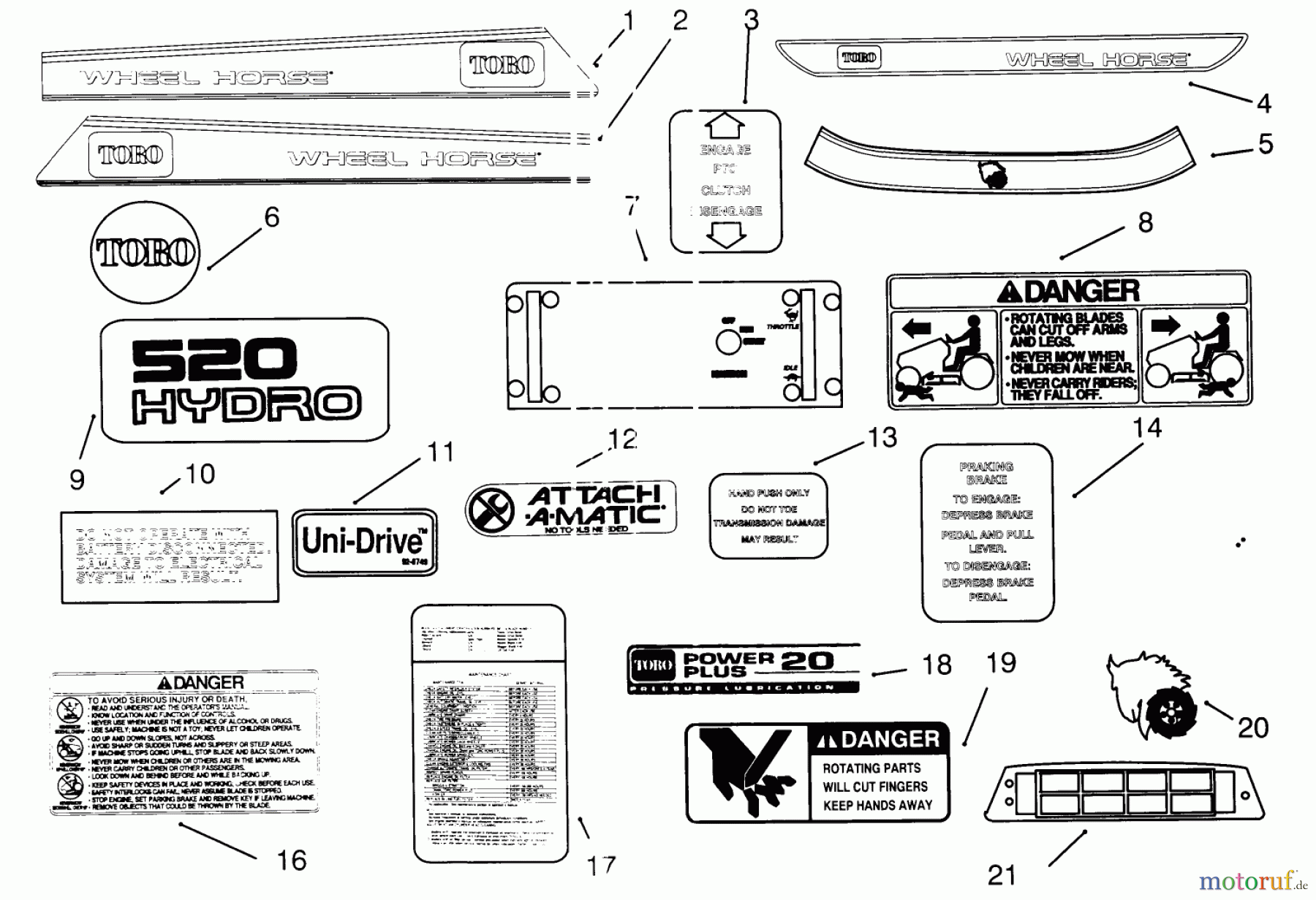 Toro Neu Mowers, Lawn & Garden Tractor Seite 1 73520 (520-H) - Toro 520-H Garden Tractor, 1995 (5900001-5900177) DECALS