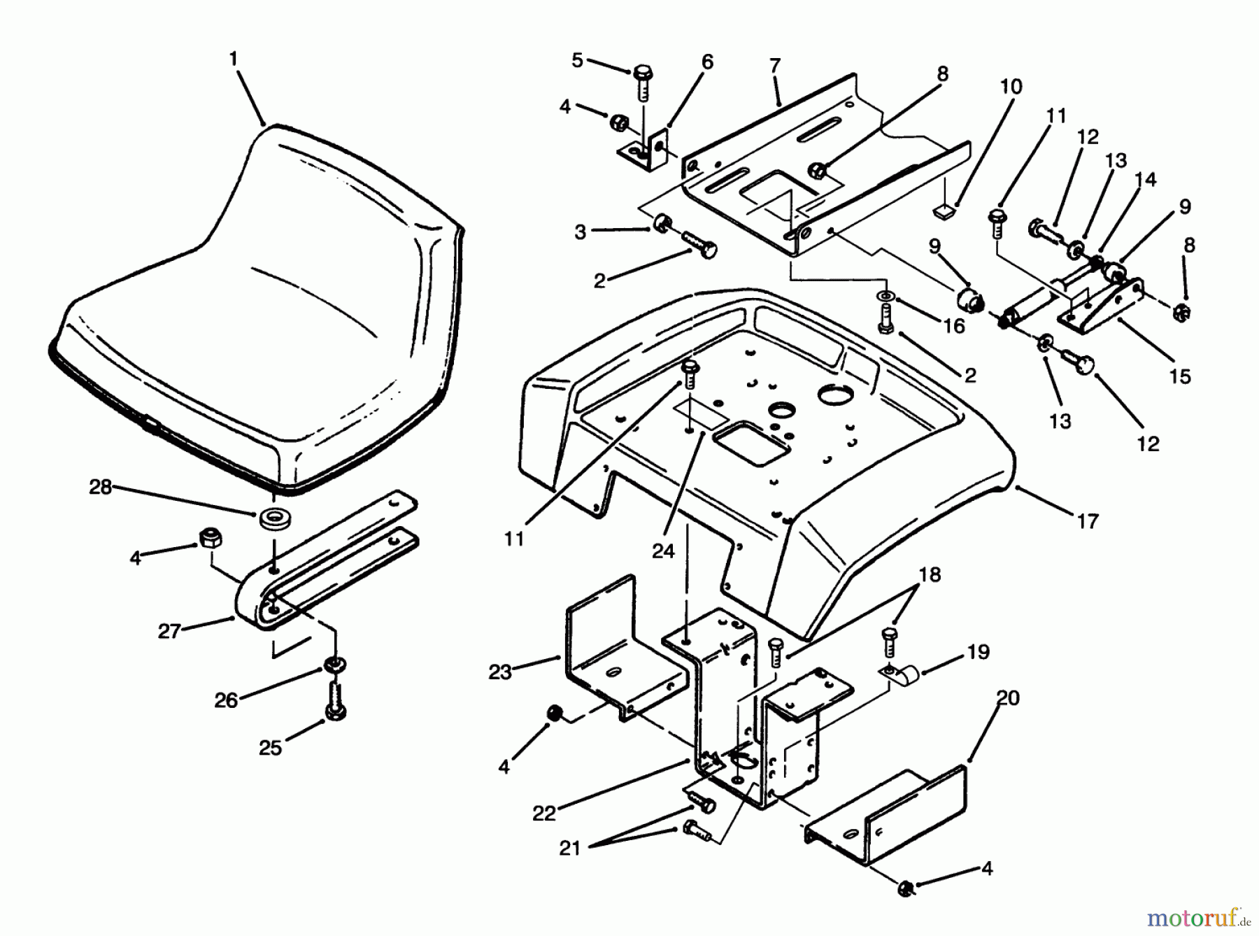 Toro Neu Mowers, Lawn & Garden Tractor Seite 1 73520 (520-H) - Toro 520-H Garden Tractor, 1995 (5900178-5999999) FENDER AND SEAT ASSEMBLY