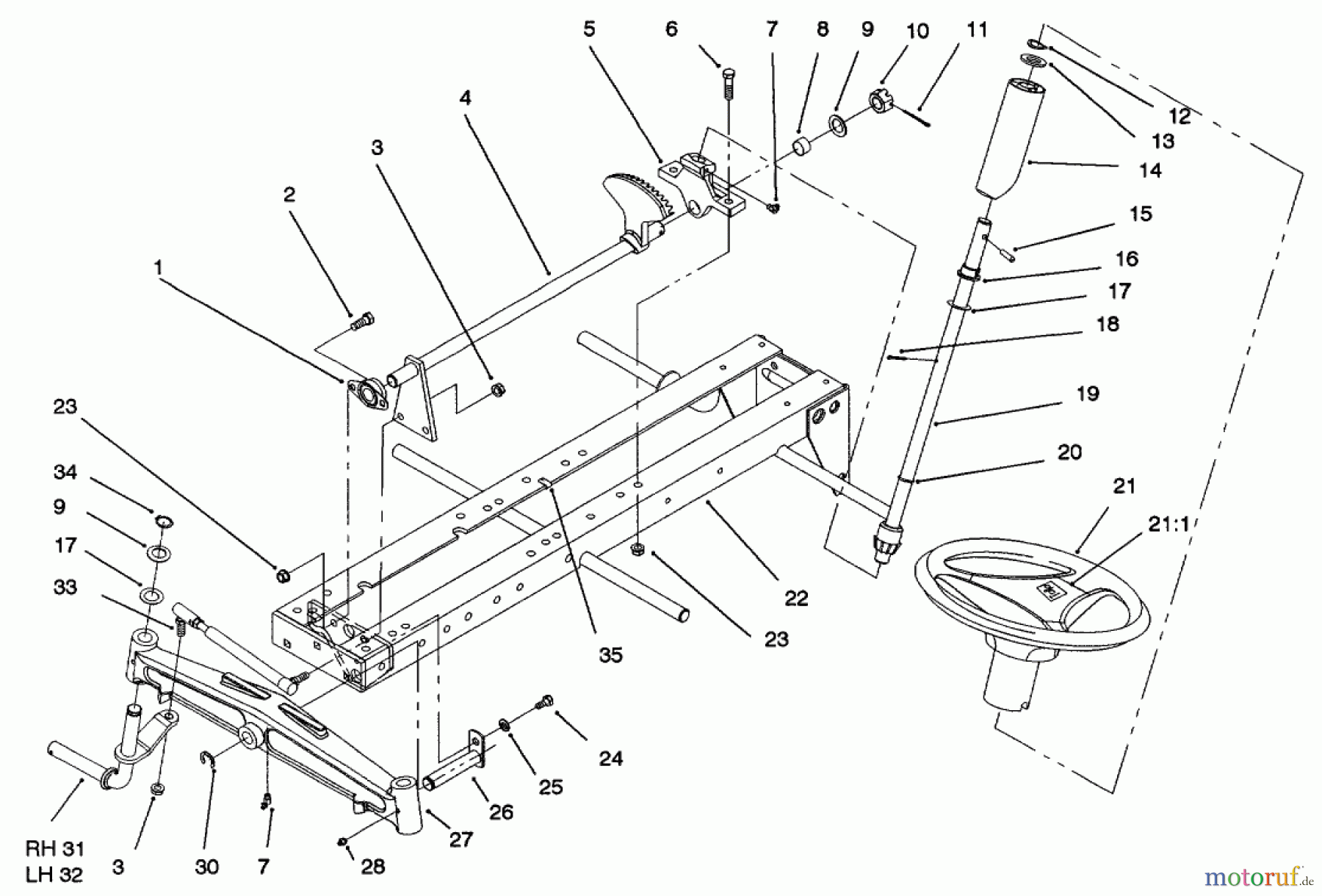  Toro Neu Mowers, Lawn & Garden Tractor Seite 1 73521 (520-H) - Toro 520-H Garden Tractor, 1997 (7900001-7999999) FRAME AXLE AND STEERING SYSTEM