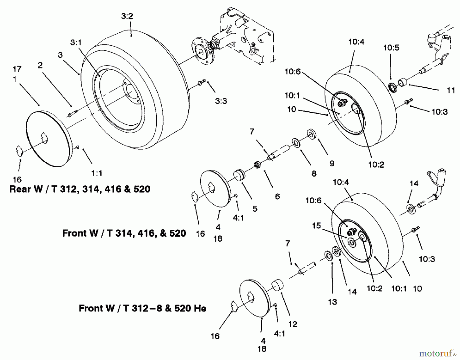 Toro Neu Mowers, Lawn & Garden Tractor Seite 1 73521 (520-H) - Toro 520-H Garden Tractor, 1996 (6900001-6999999) WHEEL ASSEMBLIES