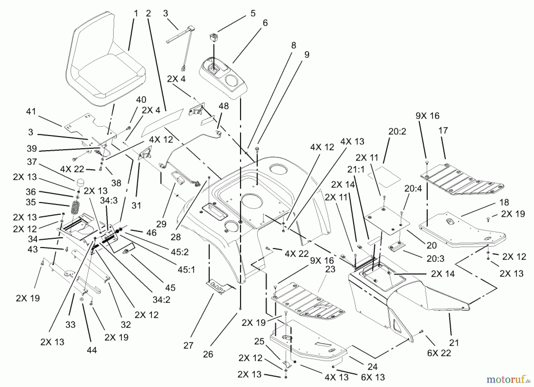 Toro Neu Mowers, Lawn & Garden Tractor Seite 1 73542 (520xi) - Toro 520xi Garden Tractor, 2004 (240000001-240999999) FENDER, FOOTREST AND SEAT ASSEMBLY