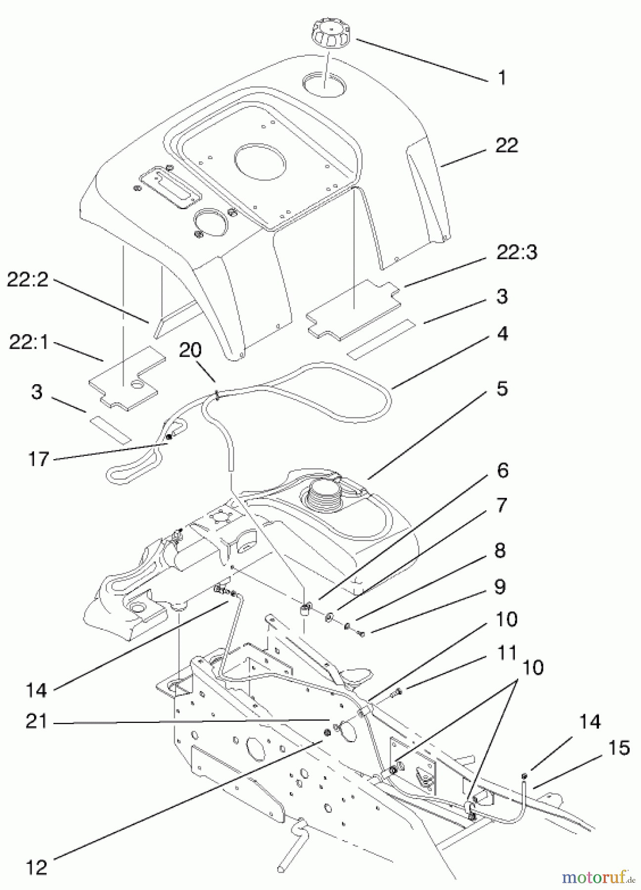 Toro Neu Mowers, Lawn & Garden Tractor Seite 1 73545 (520Lxi) - Toro 520Lxi Garden Tractor, 1998 (8900001-8999999) FENDER AND FUEL SYSTEM ASSEMBLY