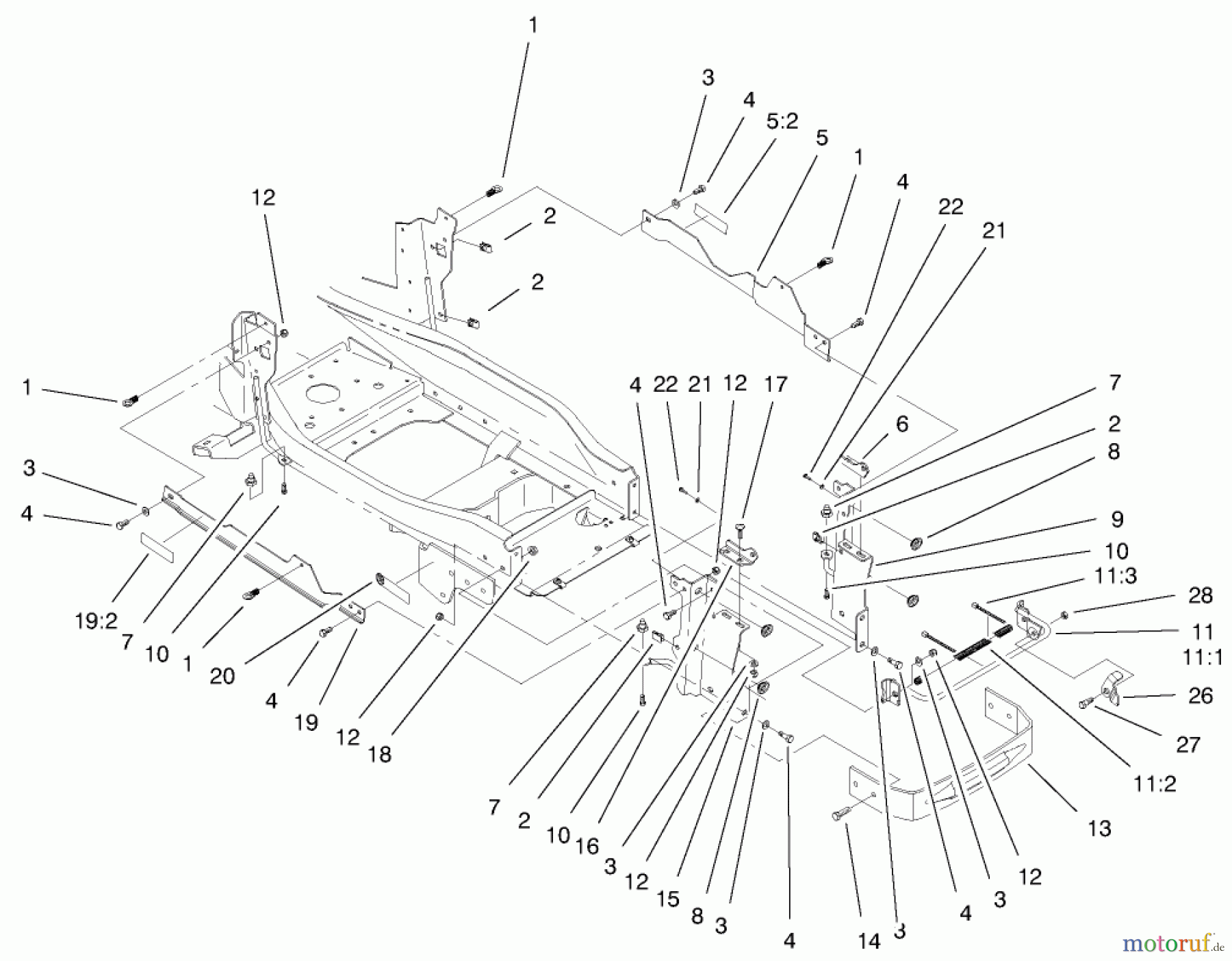 Toro Neu Mowers, Lawn & Garden Tractor Seite 1 73580 (520Lxi) - Toro 520Lxi Garden Tractor, 1999 (9900001-9999999) BUMPER & HOOD SUPPORT ASSEMBLY
