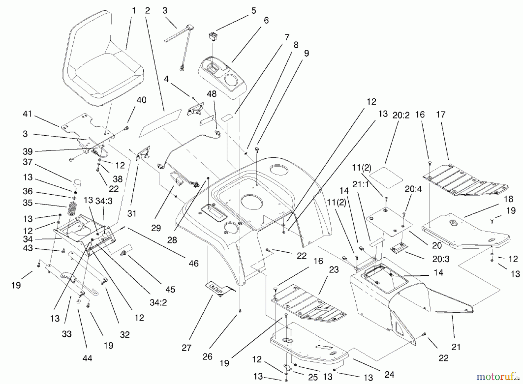 Toro Neu Mowers, Lawn & Garden Tractor Seite 1 73580 (520Lxi) - Toro 520Lxi Garden Tractor, 2000 (200000001-200999999) FENDER, FOOTREST, & SEAT ASSEMBLY