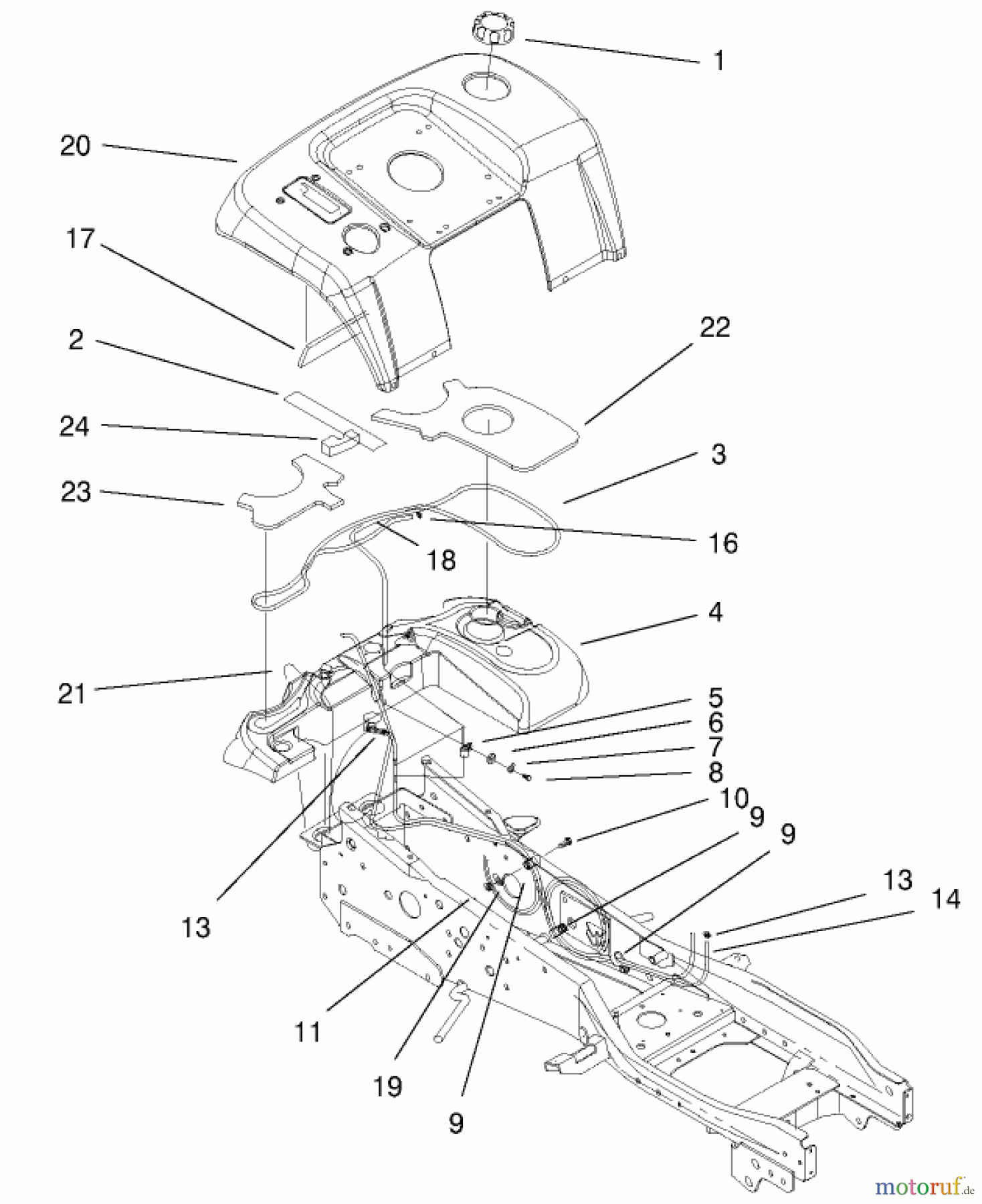 Toro Neu Mowers, Lawn & Garden Tractor Seite 1 73547 (520Lxi) - Toro 520Lxi Garden Tractor, 2000 (200000242-200999999) FENDER & FUEL SYSTEM ASSEMBLY