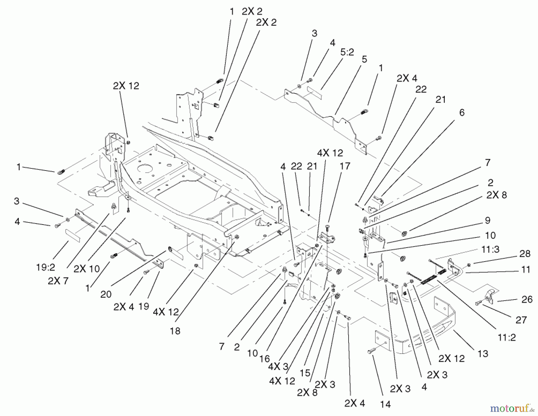 Toro Neu Mowers, Lawn & Garden Tractor Seite 1 73547 (520Lxi) - Toro 520Lxi Garden Tractor, 2001 (210000001-210999999) BUMPER & HOOD SUPPORT