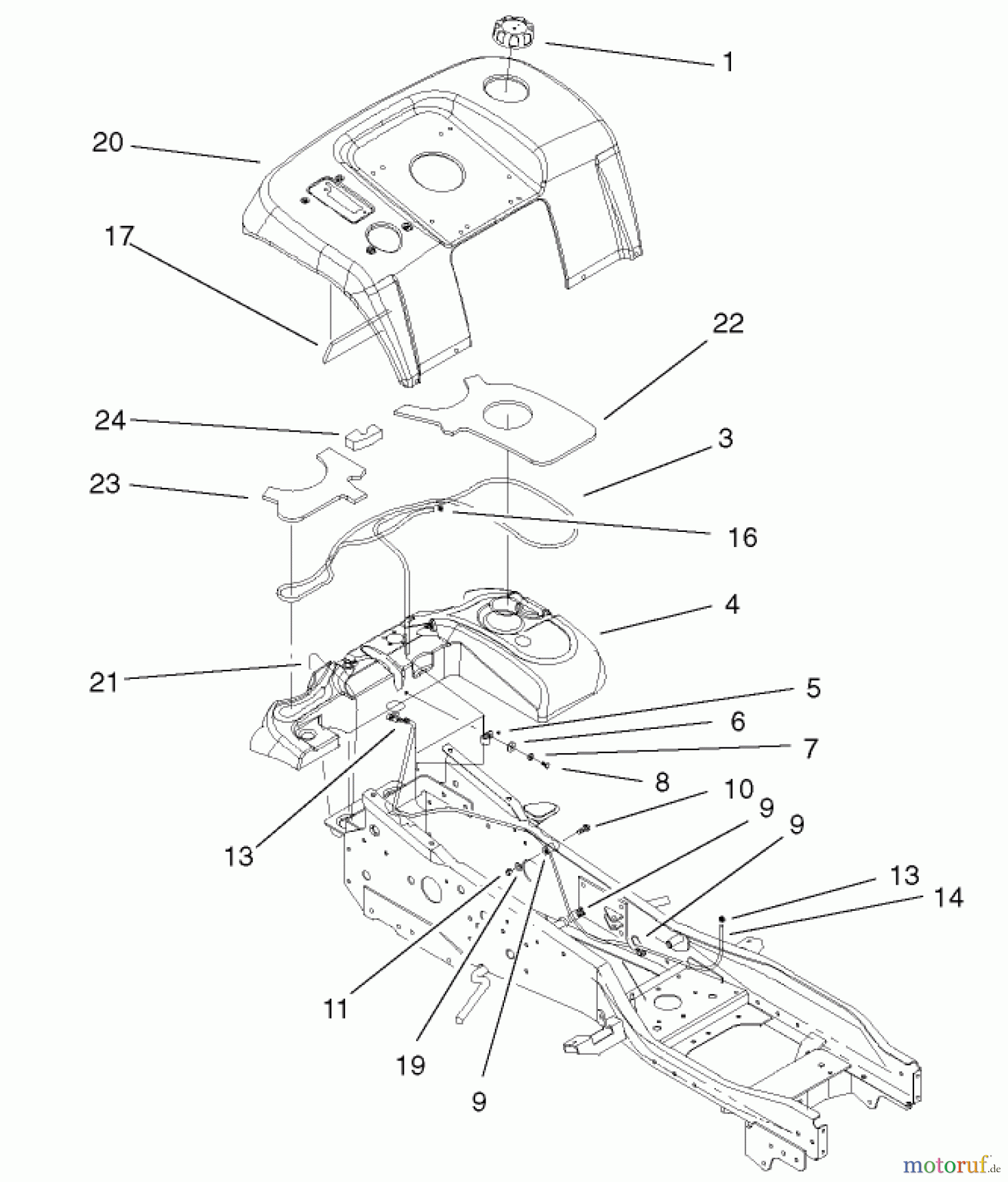 Toro Neu Mowers, Lawn & Garden Tractor Seite 1 73547 (520Lxi) - Toro 520Lxi Garden Tractor, 2001 (210000001-210999999) FENDER & FUEL SYSTEM ASSEMBLY