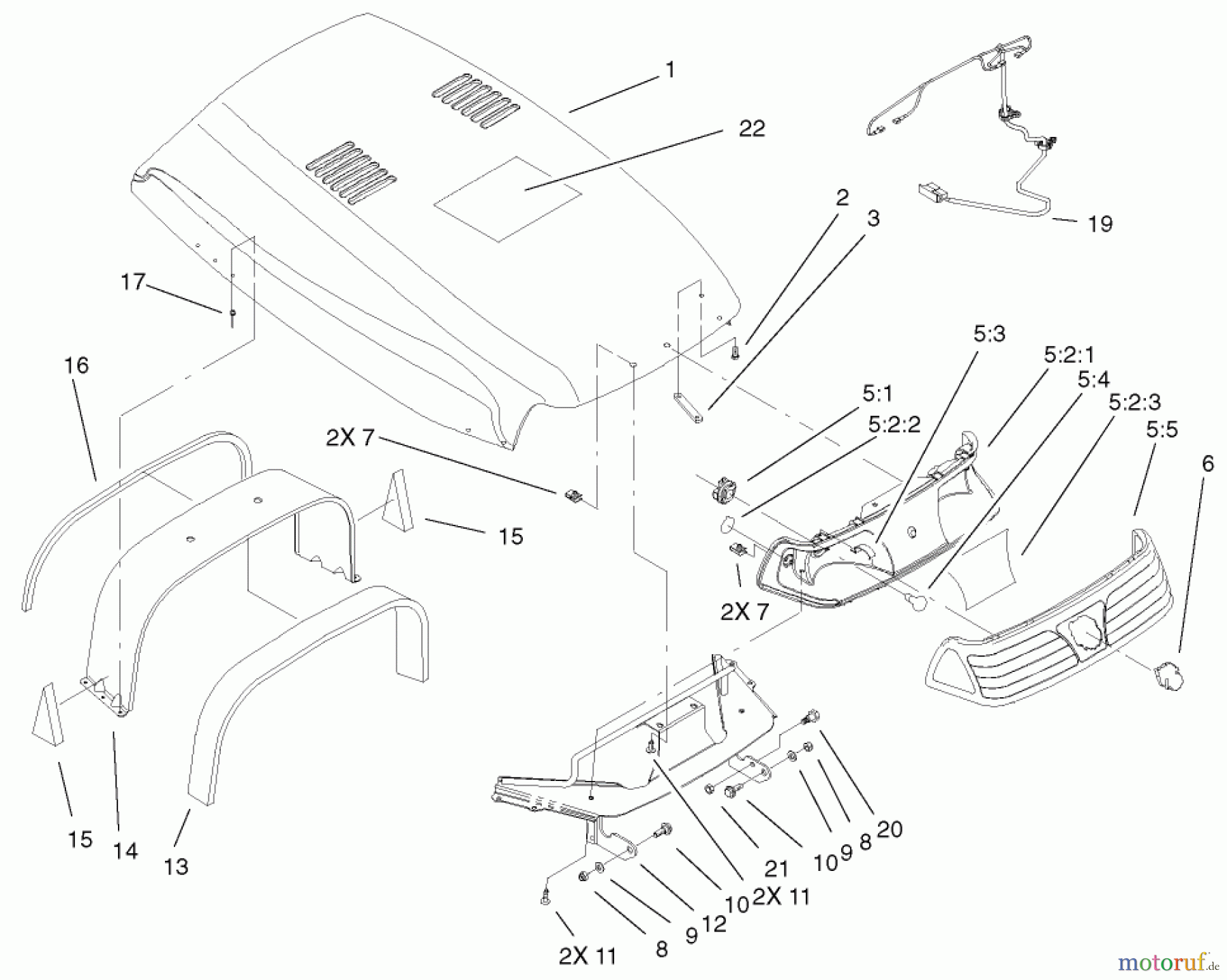 Toro Neu Mowers, Lawn & Garden Tractor Seite 1 73547 (520Lxi) - Toro 520Lxi Garden Tractor, 2001 (210000001-210999999) HOOD & HEADLIGHT ASSEMBLY