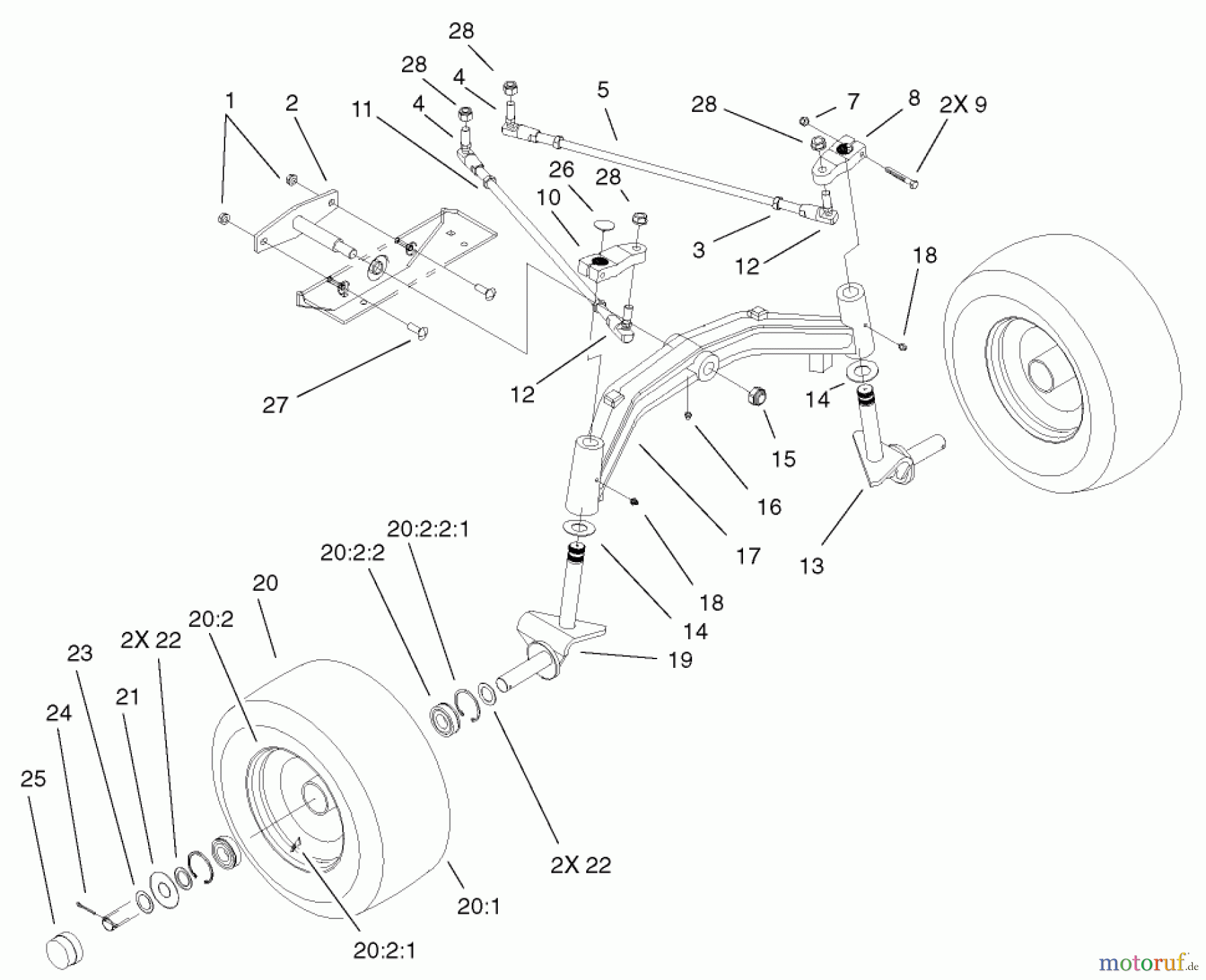  Toro Neu Mowers, Lawn & Garden Tractor Seite 1 73547 (520Lxi) - Toro 520Lxi Garden Tractor, 2001 (210000001-210999999) TIE RODS, SPINDLE & FRONT AXLE ASSEMBLY