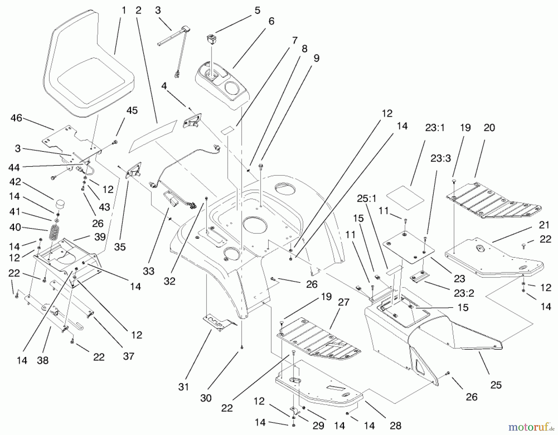 Toro Neu Mowers, Lawn & Garden Tractor Seite 1 73560 (522xi) - Toro 522xi Garden Tractor, 1998 (8900001-8999999) FENDER, FOOTREST AND SEAT ASSEMBLY