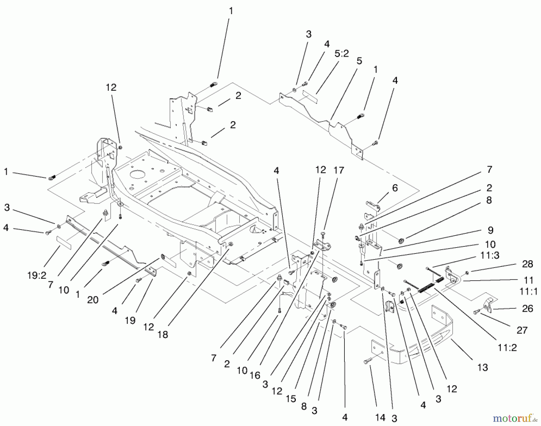 Toro Neu Mowers, Lawn & Garden Tractor Seite 1 73561 (522xi) - Toro 522xi Garden Tractor, 1999 (9900001-9999999) BUMPER & HOOD SUPPORT ASSEMBLY