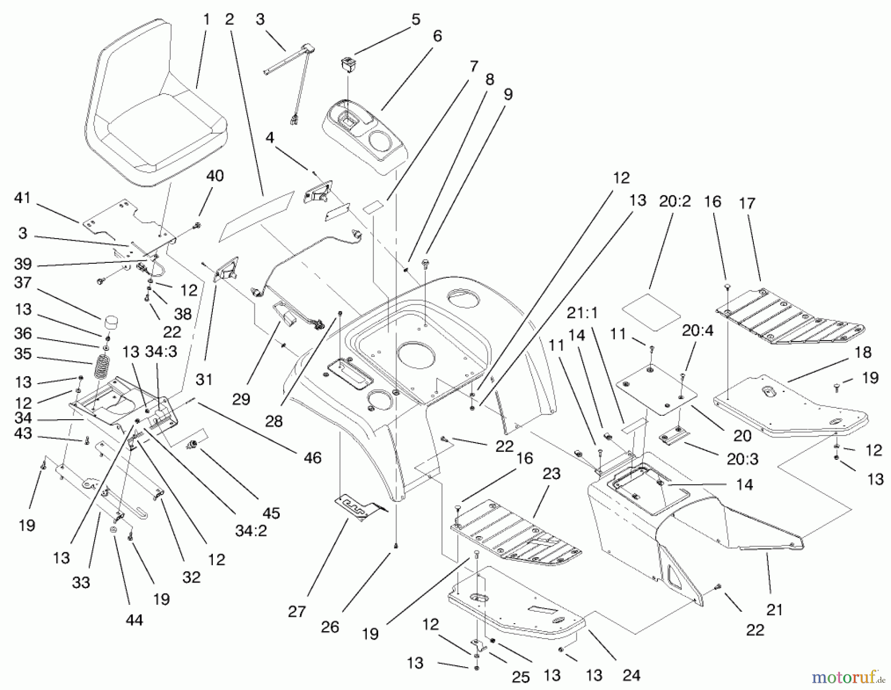 Toro Neu Mowers, Lawn & Garden Tractor Seite 1 73561 (522xi) - Toro 522xi Garden Tractor, 1999 (9900001-9999999) FENDER, FOOTREST, & SEAT ASSEMBLY