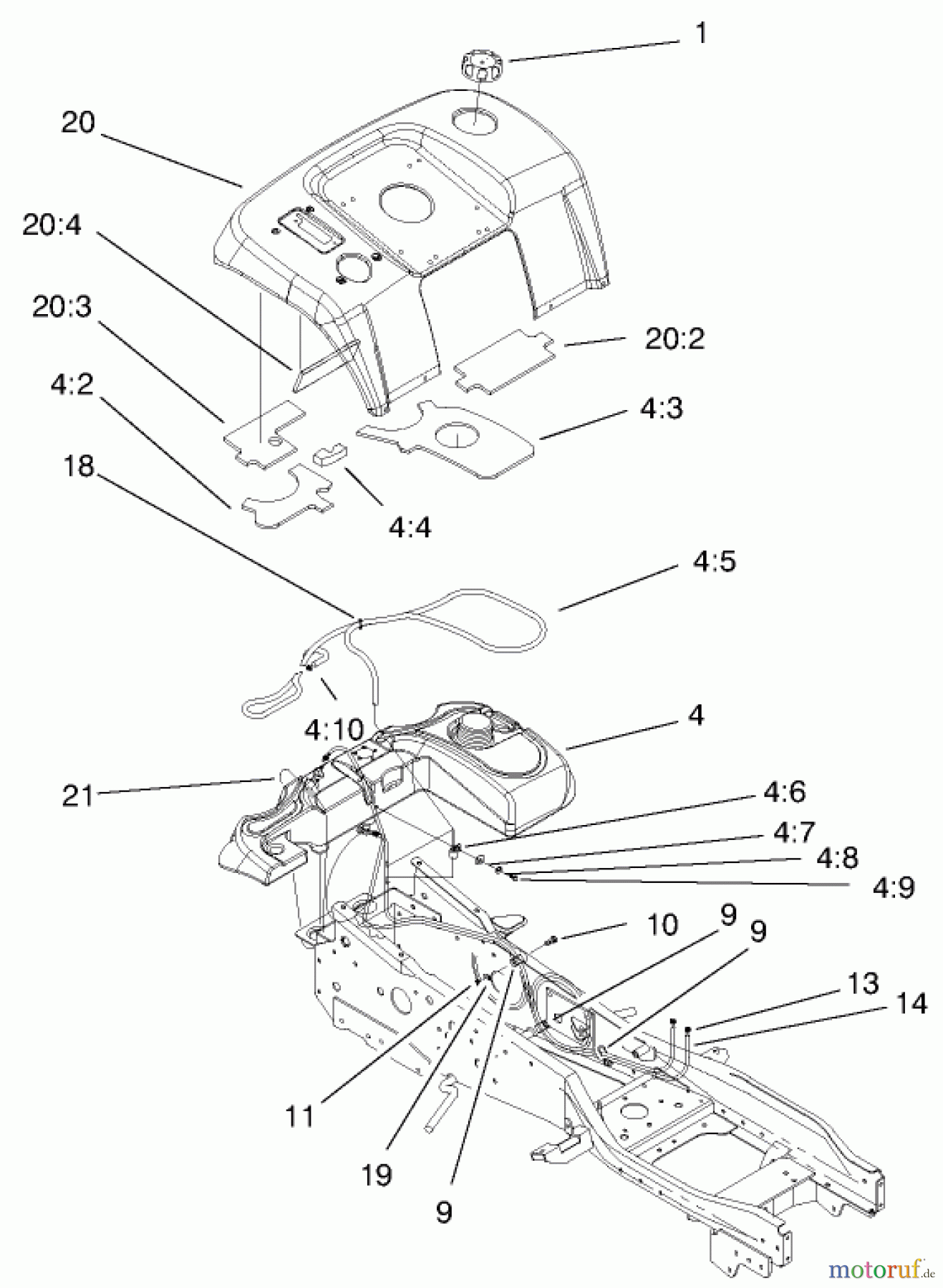 Toro Neu Mowers, Lawn & Garden Tractor Seite 1 73561 (522xi) - Toro 522xi Garden Tractor, 2000 (000000001-000999999) FENDER & FUEL SYSTEM ASSEMBLY