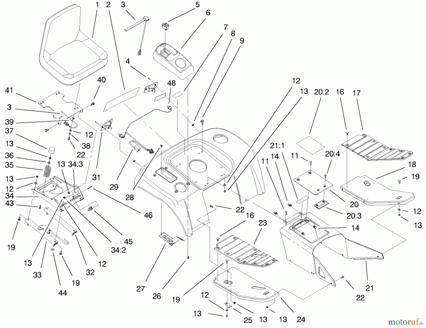 Toro Neu Mowers, Lawn & Garden Tractor Seite 1 73561 (522xi) - Toro 522xi Garden Tractor, 2000 (200000201-200999999) FENDER, FOOTREST, & SEAT ASSEMBLY