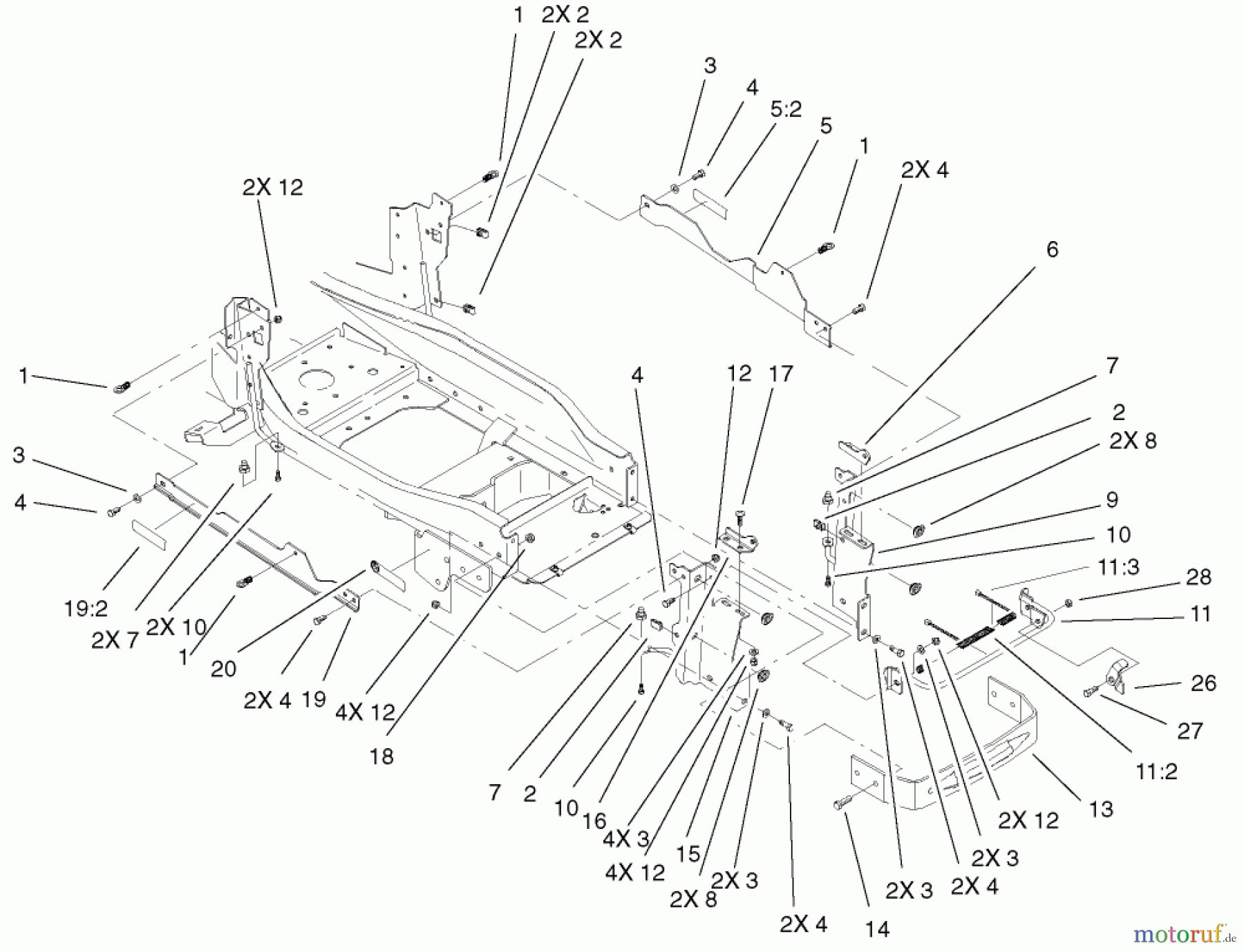  Toro Neu Mowers, Lawn & Garden Tractor Seite 1 73561 (522xi) - Toro 522xi Garden Tractor, 2002 (220000001-220999999) BUMPER & HOOD SUPPORT