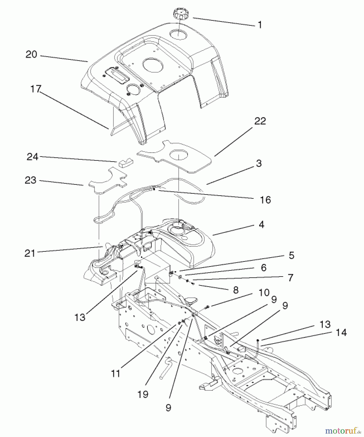  Toro Neu Mowers, Lawn & Garden Tractor Seite 1 73561 (522xi) - Toro 522xi Garden Tractor, 2002 (220000001-220999999) FENDER & FUEL SYSTEM ASSEMBLY