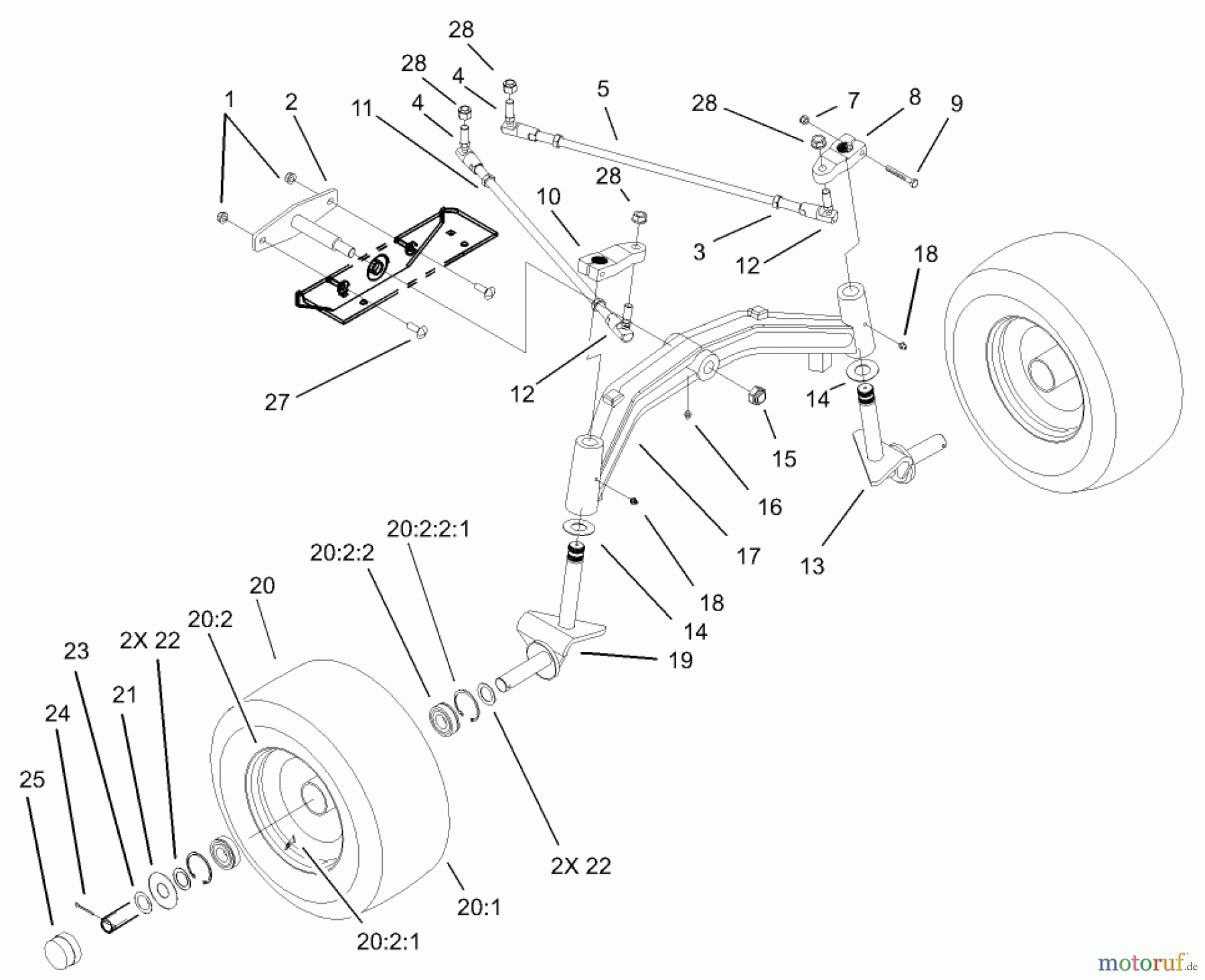 Toro Neu Mowers, Lawn & Garden Tractor Seite 1 73570 (520xi) - Toro 520xi Garden Tractor, 2003 (230000001-230999999) TIE ROD, SPINDLE AND FRONT AXLE ASSEMBLY