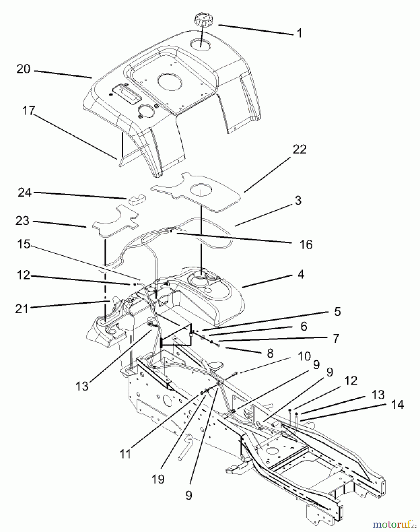  Toro Neu Mowers, Lawn & Garden Tractor Seite 1 73590 (523Dxi) - Toro 523Dxi Garden Tractor, 2004 (240000001-240999999) FENDER & FUEL SYSTEM ASSEMBLY