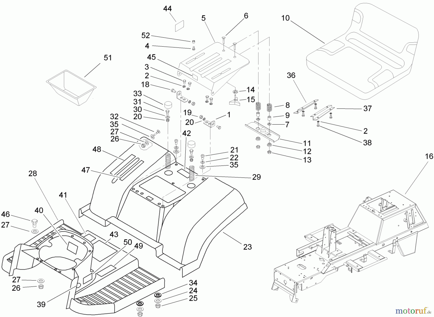 Toro Neu Mowers, Lawn & Garden Tractor Seite 1 74570 (DH 210) - Toro DH 210 Lawn Tractor, 2005 (250000001-250999999) FRAME AND SEAT ASSEMBLY