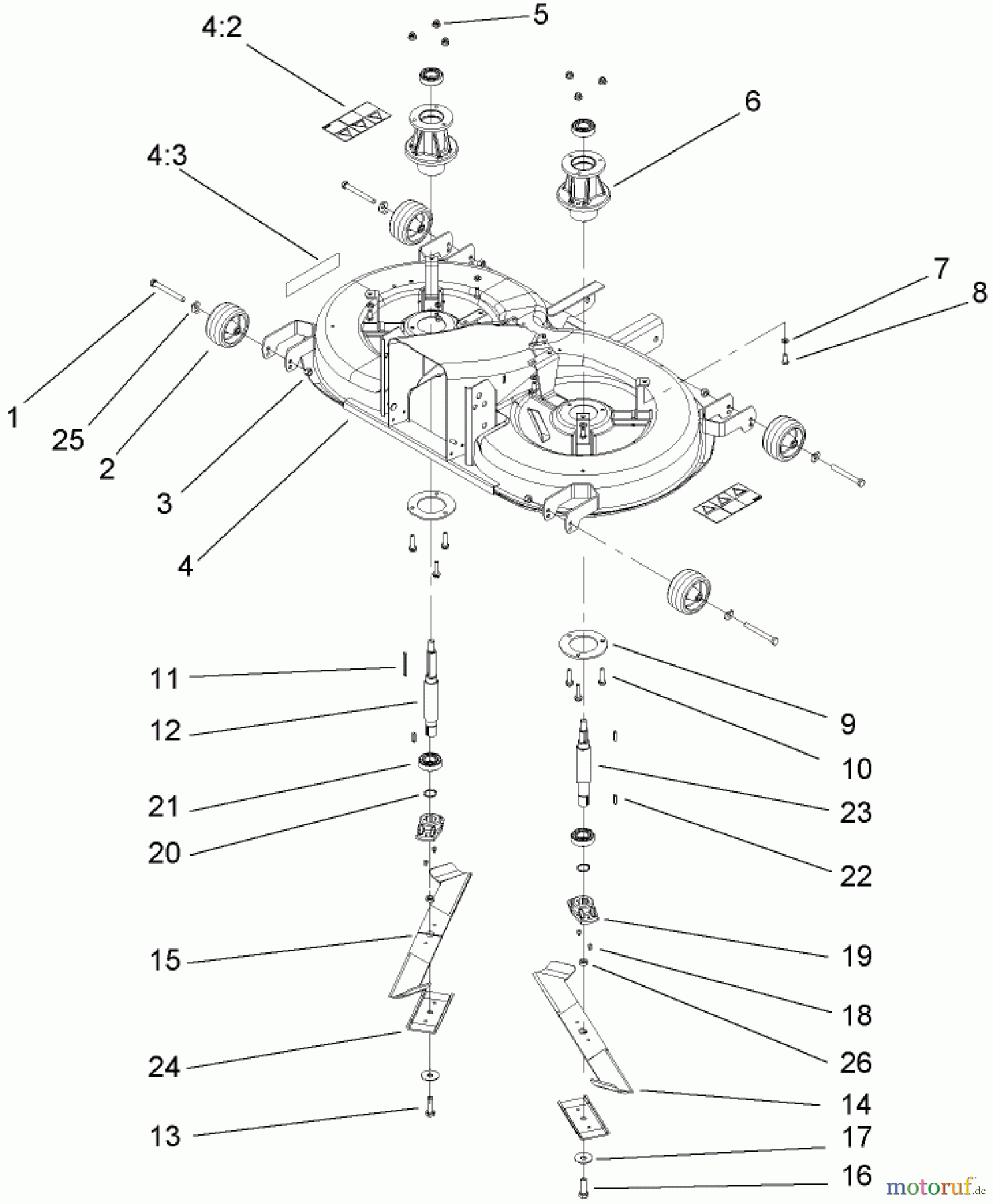 Toro Neu Mowers, Lawn & Garden Tractor Seite 1 74570 (DH 210) - Toro DH 210 Lawn Tractor, 2006 (260000001-260999999) CUTTING PAN AND MOWER HOUSING ASSEMBLY