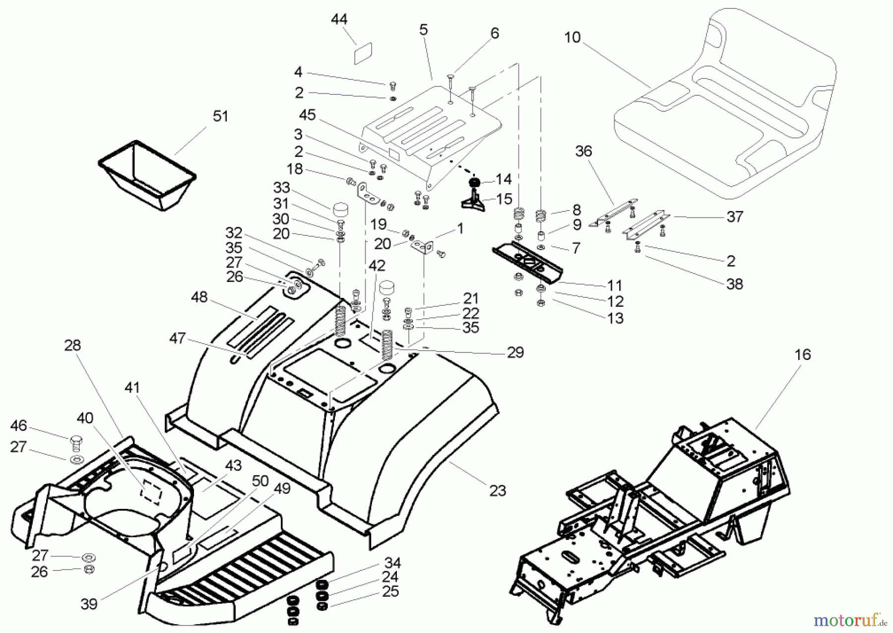 Toro Neu Mowers, Lawn & Garden Tractor Seite 1 74571 (150-DH) - Toro 150-DH Lawn Tractor, 2004 (240000001-240999999) FRAME AND SEAT ASSEMBLY