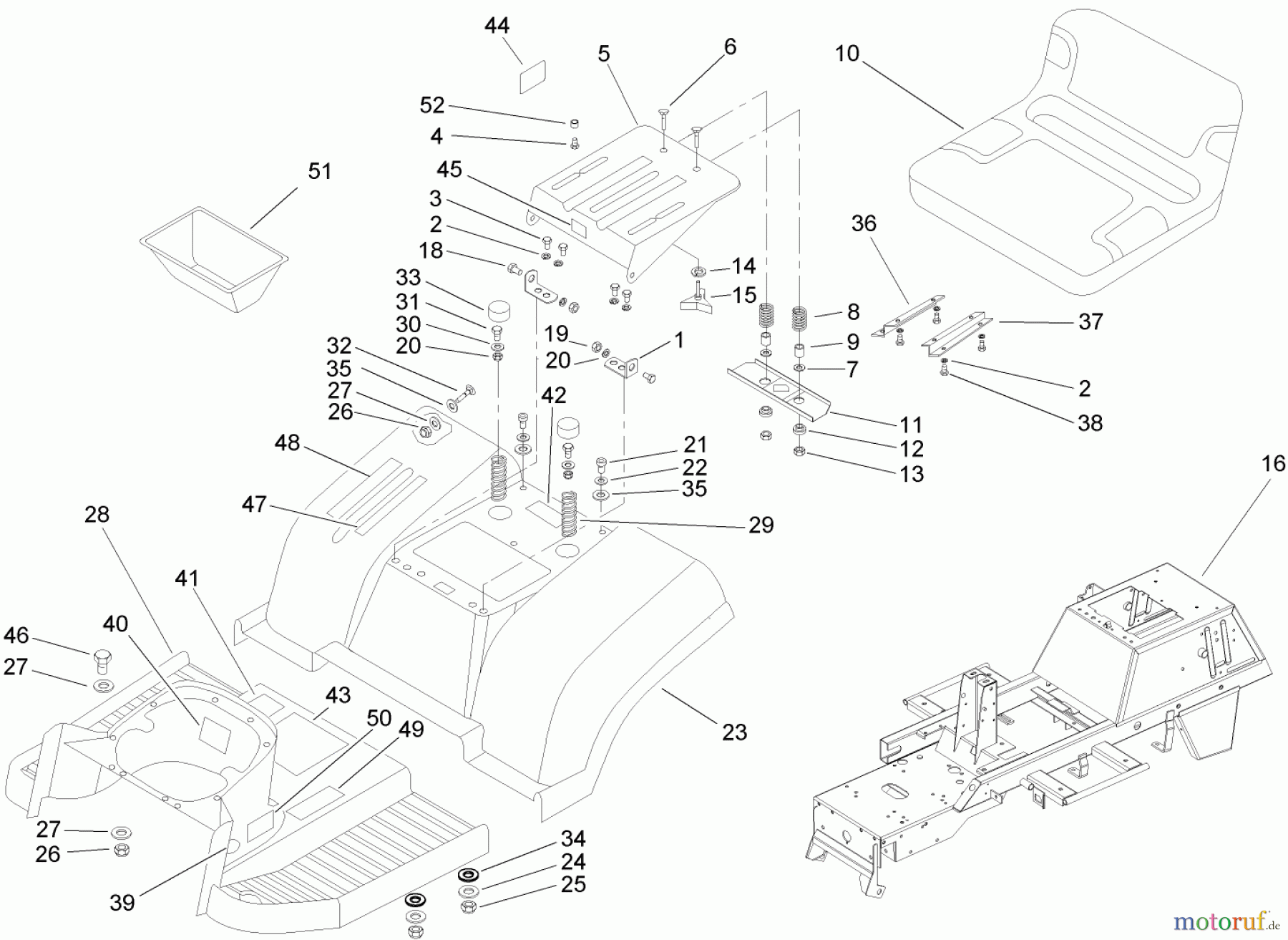 Toro Neu Mowers, Lawn & Garden Tractor Seite 1 74571 (DH 200) - Toro DH 200 Lawn Tractor, 2005 (250000001-250999999) FRAME AND SEAT ASSEMBLY