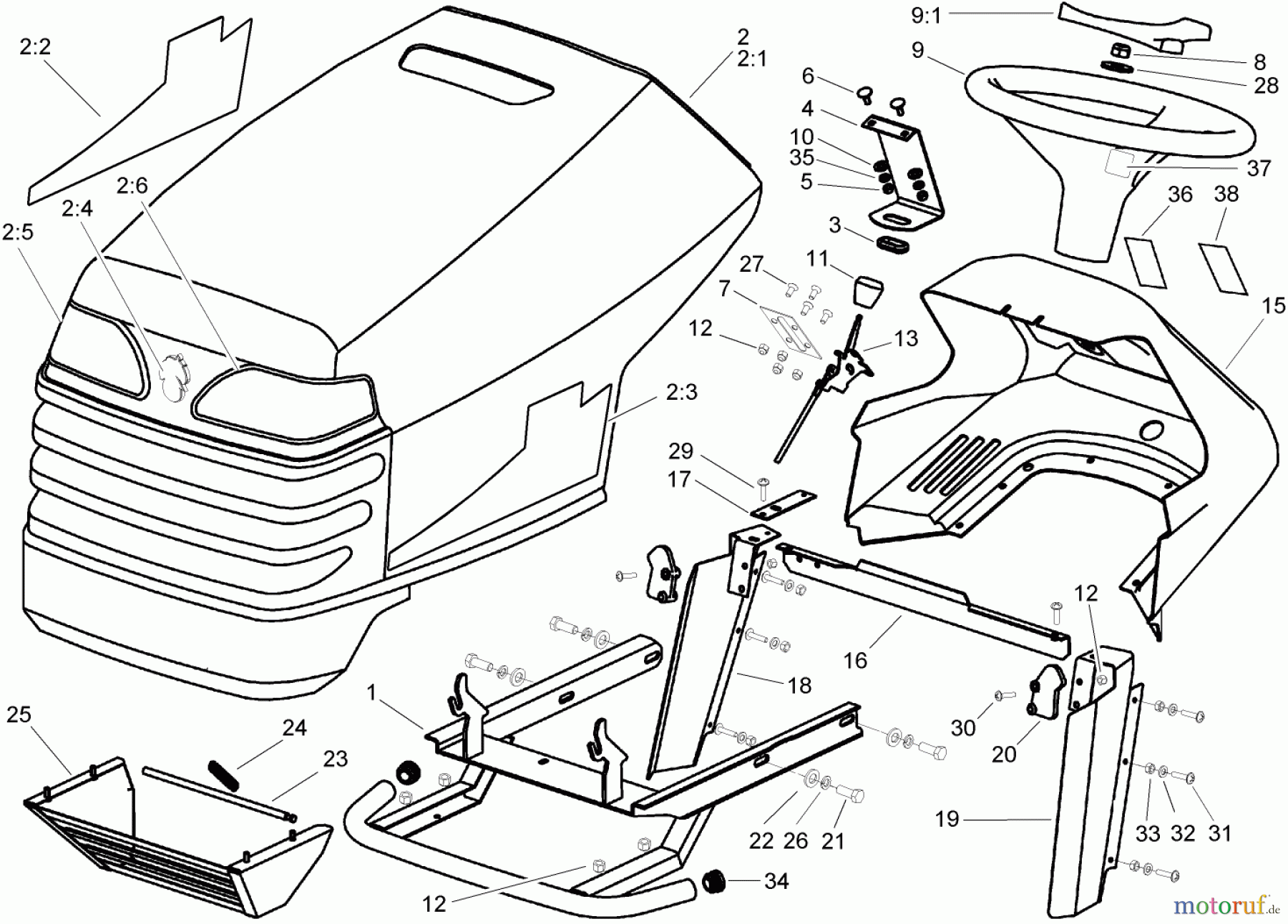 Toro Neu Mowers, Lawn & Garden Tractor Seite 1 74571 (DH 200) - Toro DH 200 Lawn Tractor, 2006 (260000001-260999999) BODY AND HOOD ASSEMBLY
