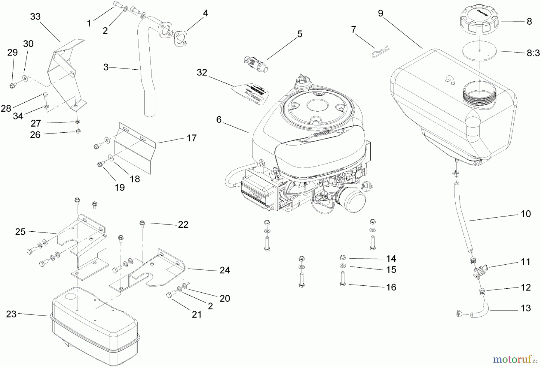Toro Neu Mowers, Lawn & Garden Tractor Seite 1 74571 (DH 200) - Toro DH 200 Lawn Tractor, 2006 (260000001-260999999) ENGINE, MUFFLER AND FUEL TANK ASSEMBLY