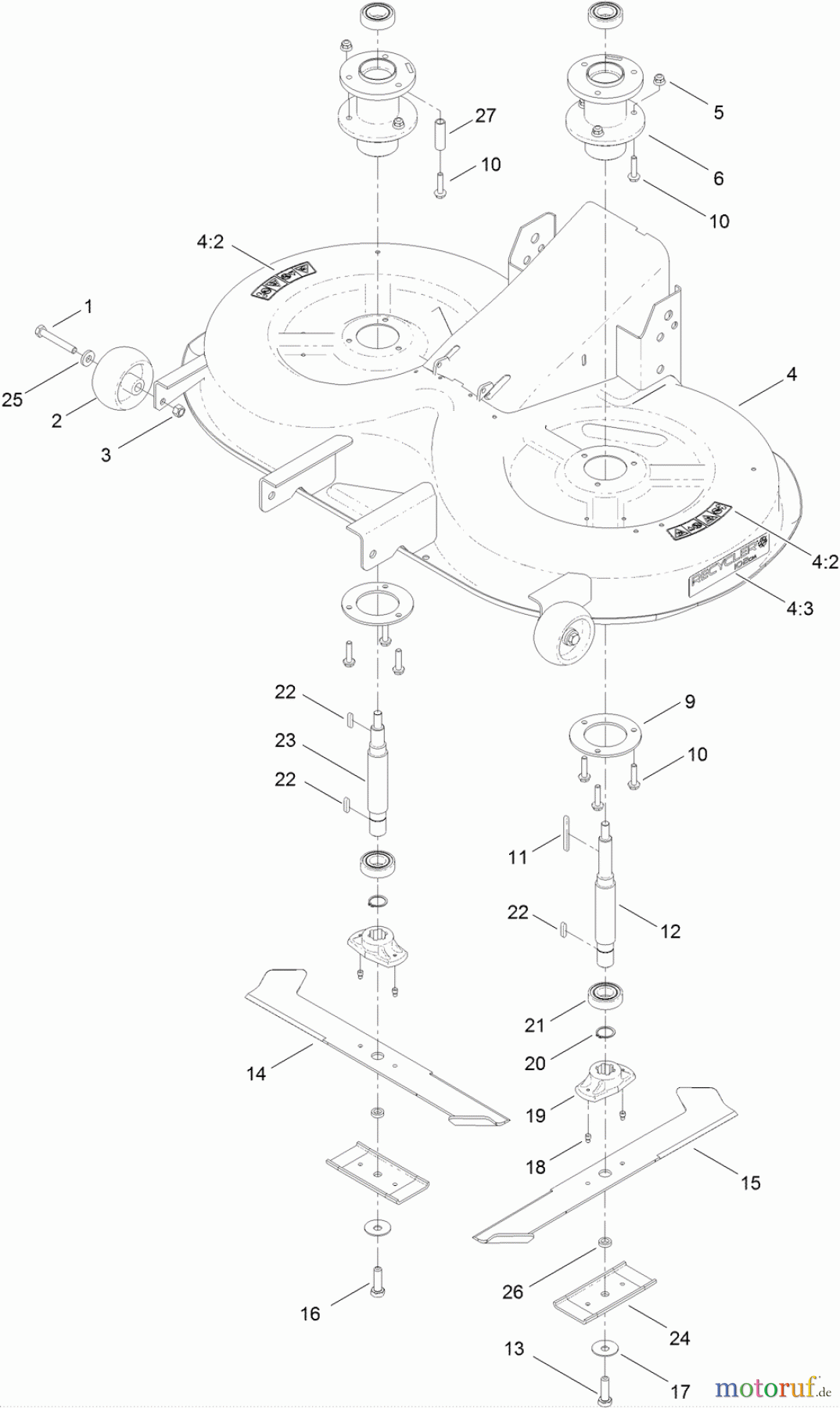 Toro Neu Mowers, Lawn & Garden Tractor Seite 1 74582 (DH 210) - Toro DH 210 Lawn Tractor, 2011 (311000001-311999999) DECK, SPINDLE AND BLADE ASSEMBLY