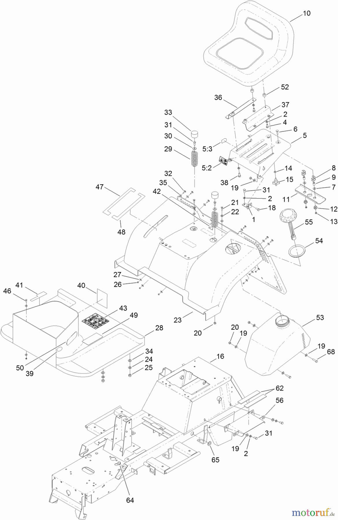 Toro Neu Mowers, Lawn & Garden Tractor Seite 1 74582 (DH 210) - Toro DH 210 Lawn Tractor, 2011 (311000001-311999999) FRAME, FENDER, SEAT AND FUEL TANK ASSEMBLY
