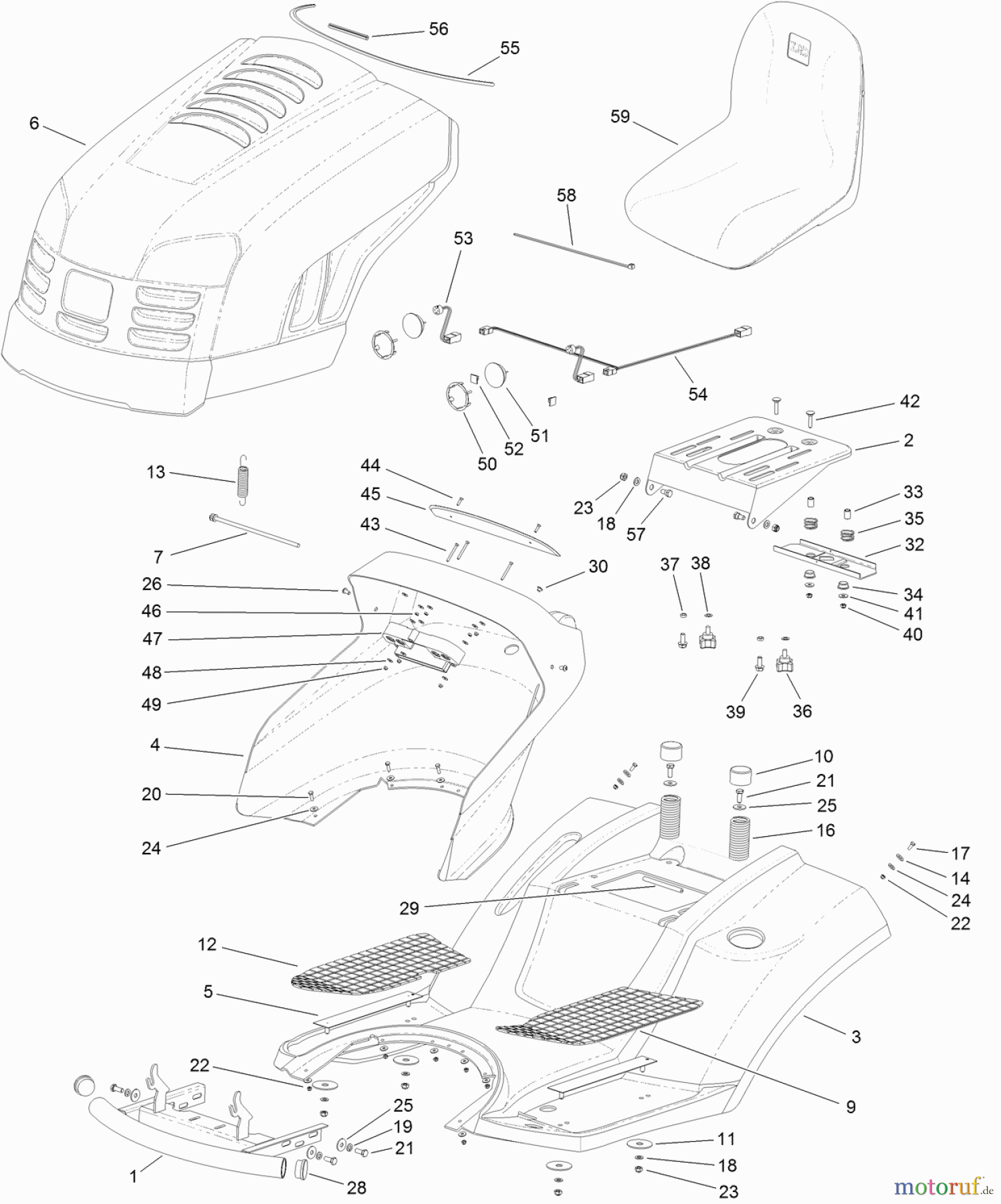  Toro Neu Mowers, Lawn & Garden Tractor Seite 1 74585 (DH 210) - Toro DH 210 Lawn Tractor, 2012 (SN 312000001-312999999) BODY AND HOOD ASSEMBLY
