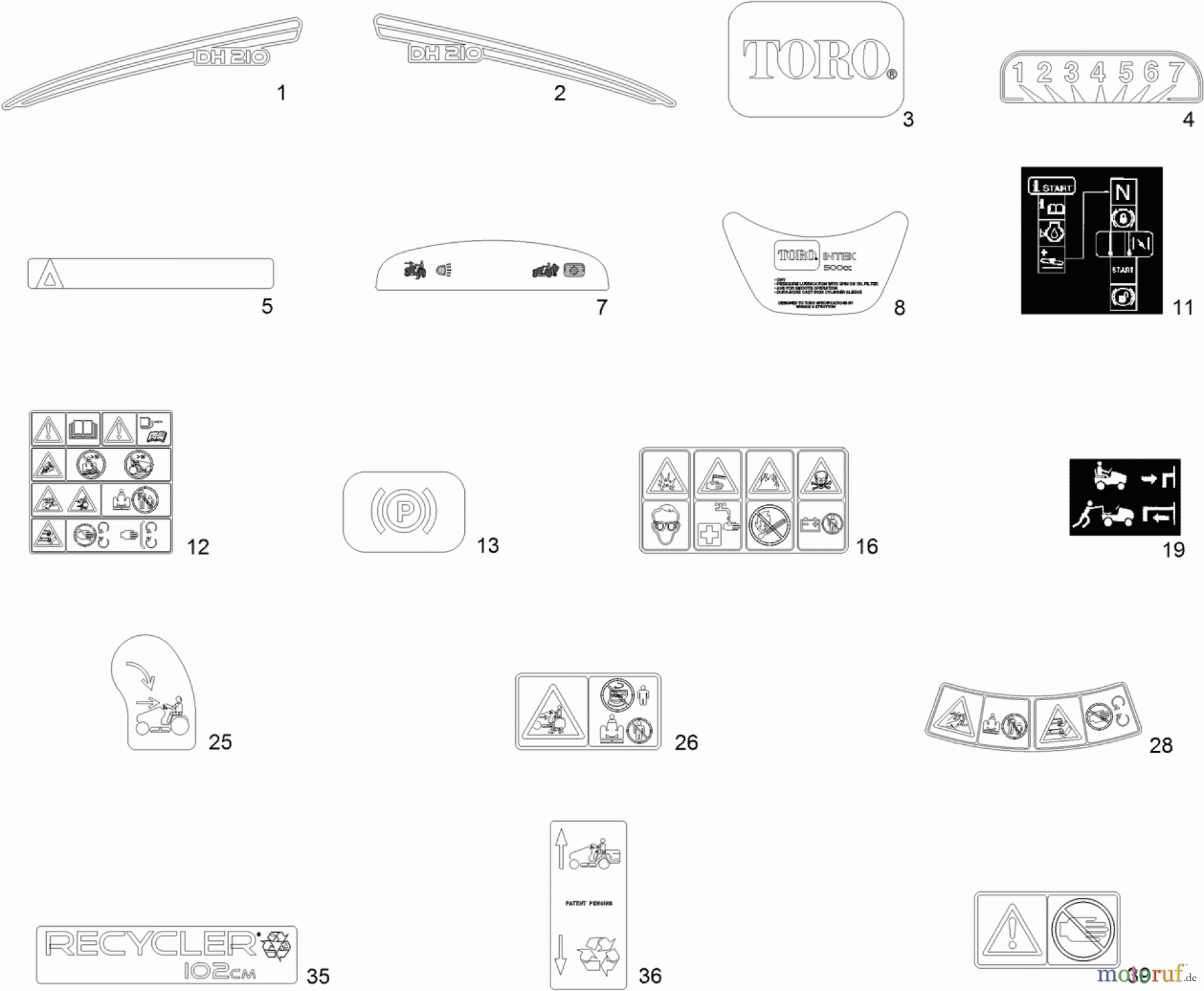 Toro Neu Mowers, Lawn & Garden Tractor Seite 1 74585 (DH 210) - Toro DH 210 Lawn Tractor, 2012 (SN 312000001-312999999) DECAL ASSEMBLY