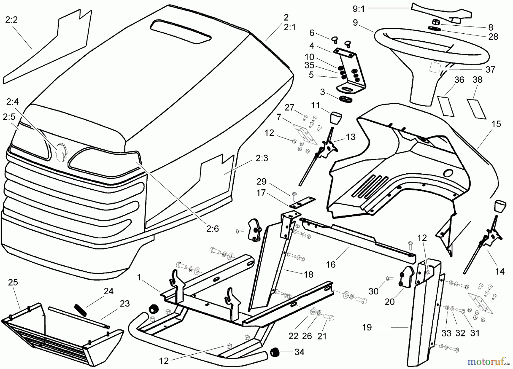 Toro Neu Mowers, Lawn & Garden Tractor Seite 1 74591 (DH 220) - Toro DH 220 Lawn Tractor, 2006 (260000001-260999999) BODY AND HOOD ASSEMBLY