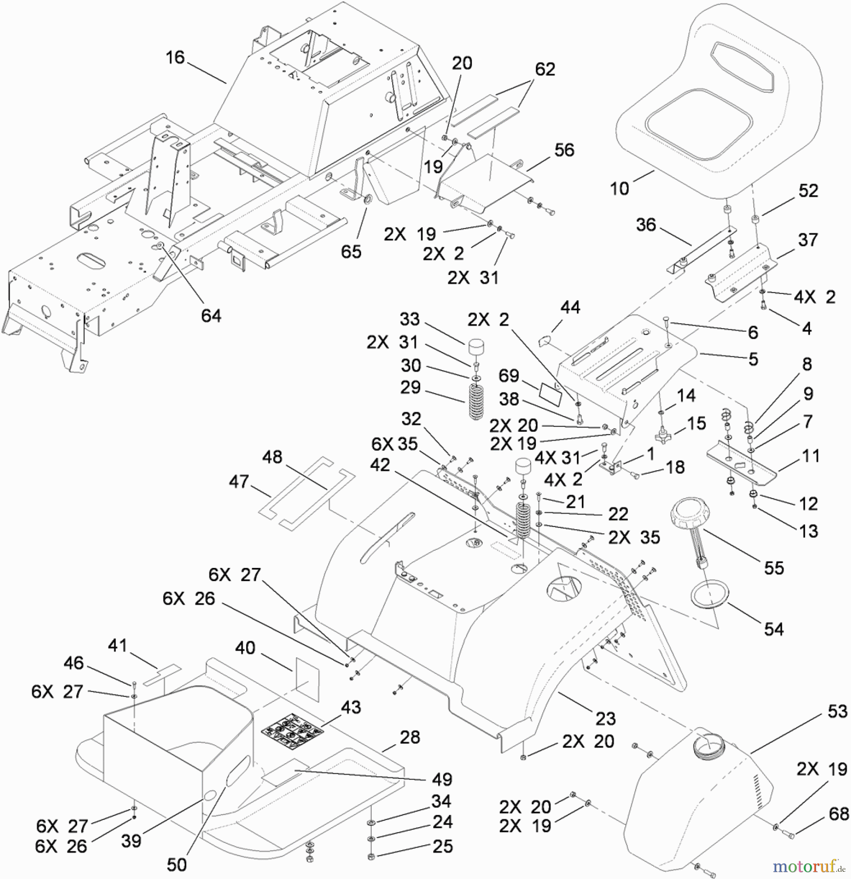 Toro Neu Mowers, Lawn & Garden Tractor Seite 1 74593 (DH 220) - Toro DH 220 Lawn Tractor, 2010 (310000001-310999999) FRAME, FENDER, SEAT AND FUEL TANK ASSEMBLY