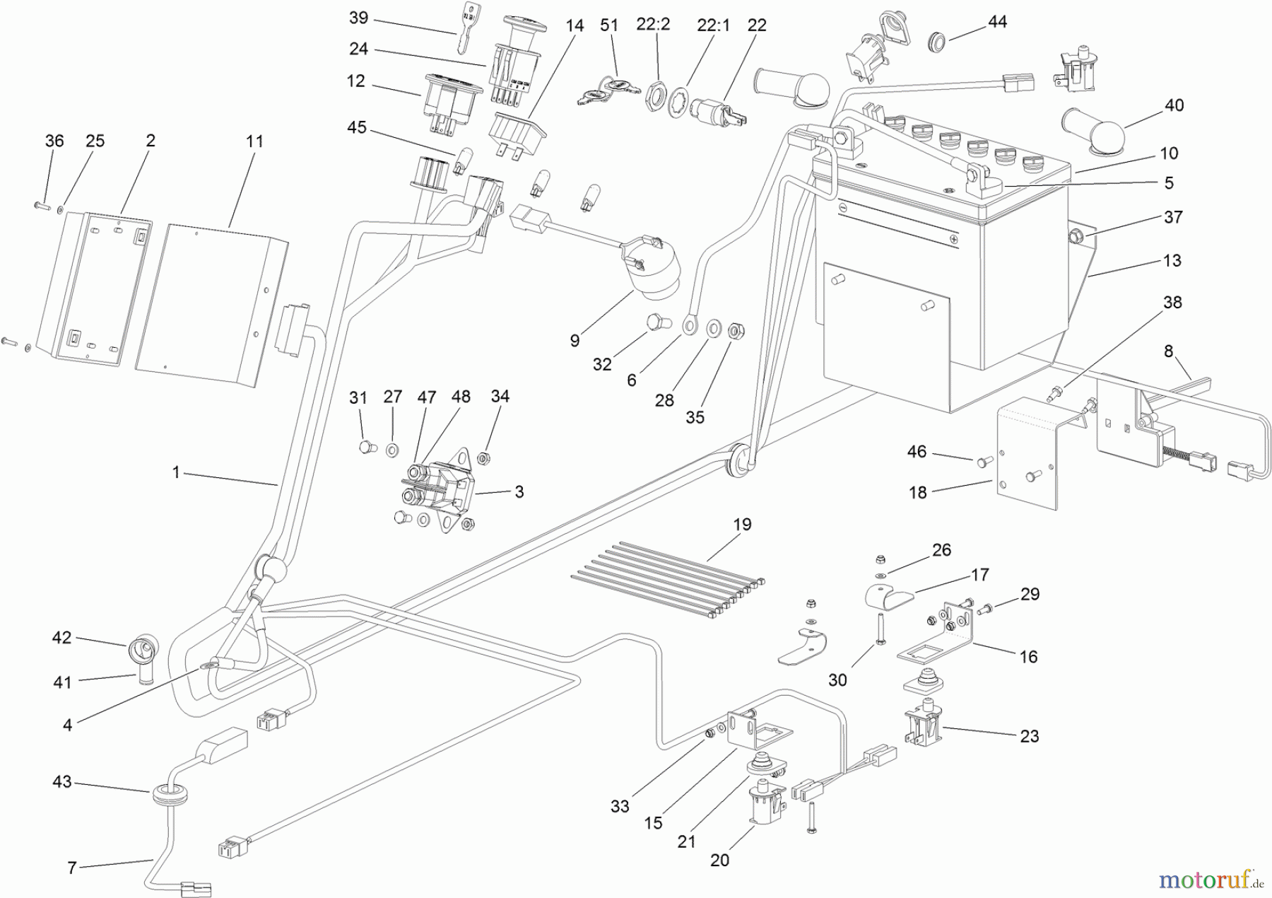 Toro Neu Mowers, Lawn & Garden Tractor Seite 1 74596 (DH 220) - Toro DH 220 Lawn Tractor, 2012 (SN 312000001-312999999) BATTERY AND ELECTRICAL ASSEMBLY