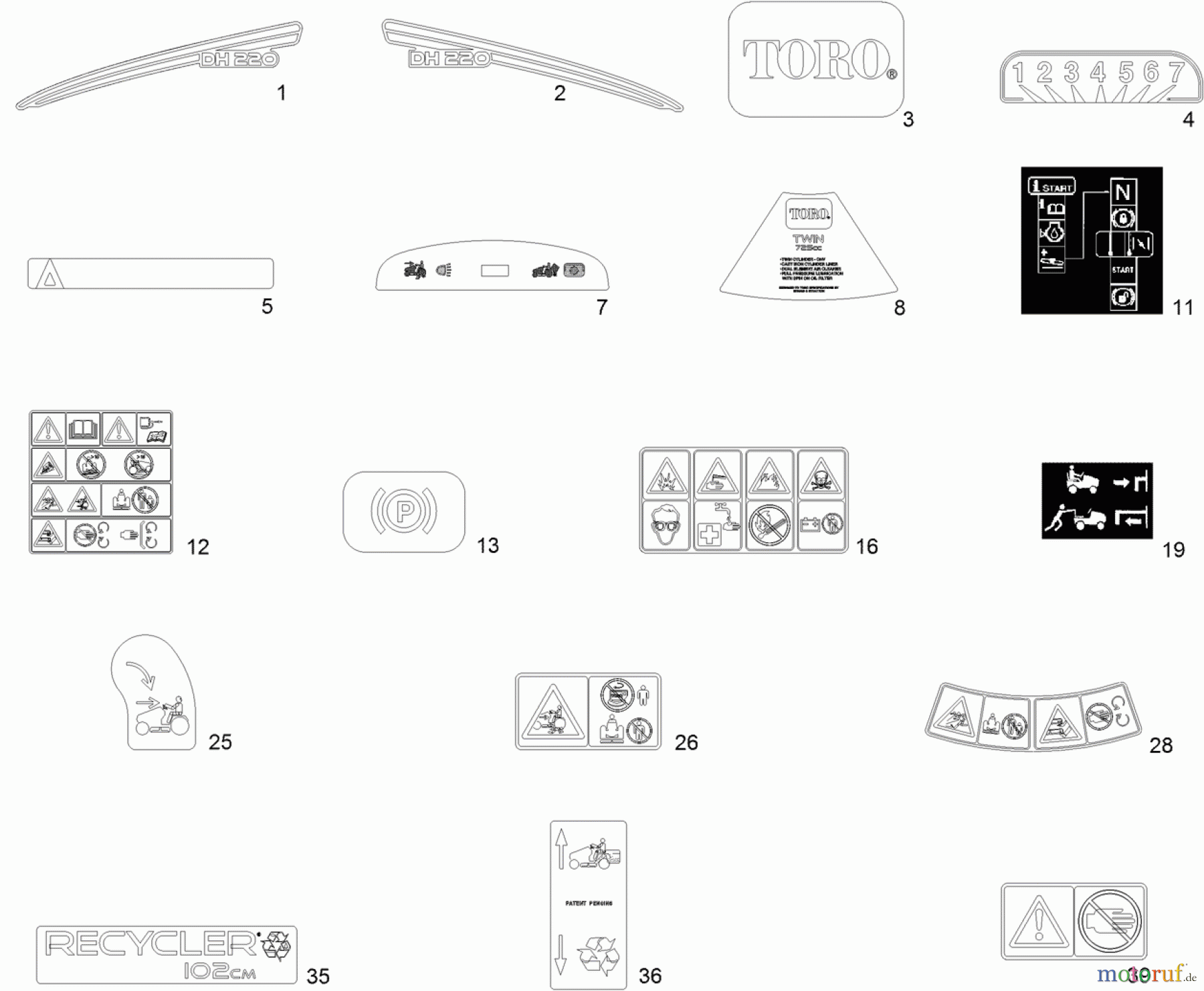 Toro Neu Mowers, Lawn & Garden Tractor Seite 1 74596 (DH 220) - Toro DH 220 Lawn Tractor, 2012 (SN 312000001-312999999) DECAL ASSEMBLY