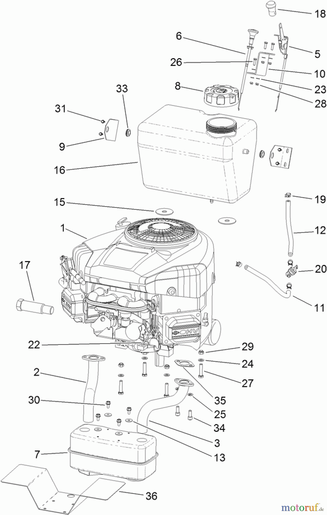 Toro Neu Mowers, Lawn & Garden Tractor Seite 1 74596 (DH 220) - Toro DH 220 Lawn Tractor, 2012 (SN 312000001-312999999) ENGINE AND MUFFLER ASSEMBLY