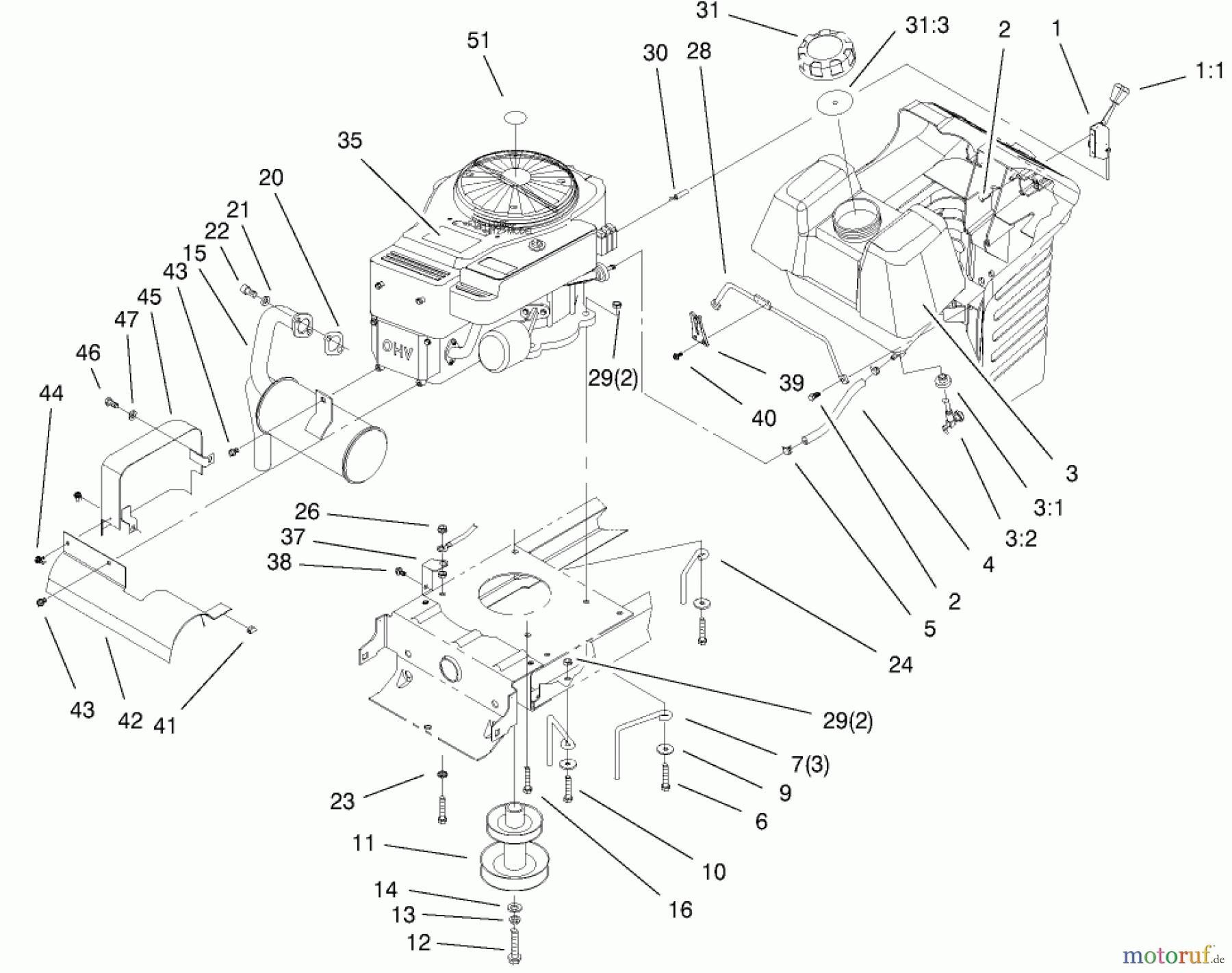 Toro Neu Mowers, Lawn & Garden Tractor Seite 1 77102 (16-38G) - Toro 16-38G Lawn Tractor, 2000 (200000001-200999999) ENGINE SYSTEMS COMPONENTS ASSEMBLY