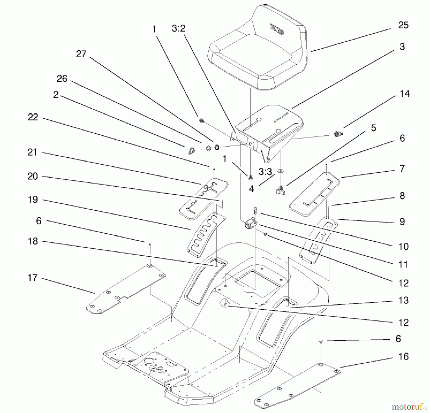 Toro Neu Mowers, Lawn & Garden Tractor Seite 1 77102 (16-38G) - Toro 16-38G Lawn Tractor, 2000 (200000001-200999999) REAR BODY & SEAT ASSEMBLY