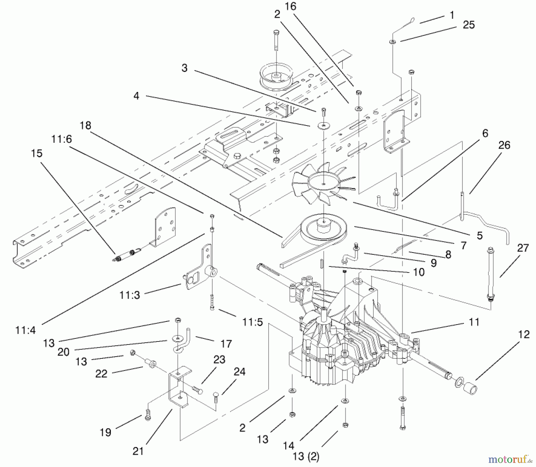 Toro Neu Mowers, Lawn & Garden Tractor Seite 1 77104 (16-38H) - Toro 16-38H Lawn Tractor, 2000 (200000001-200999999) HYDRO TRANSAXLE ASSEMBLY #1
