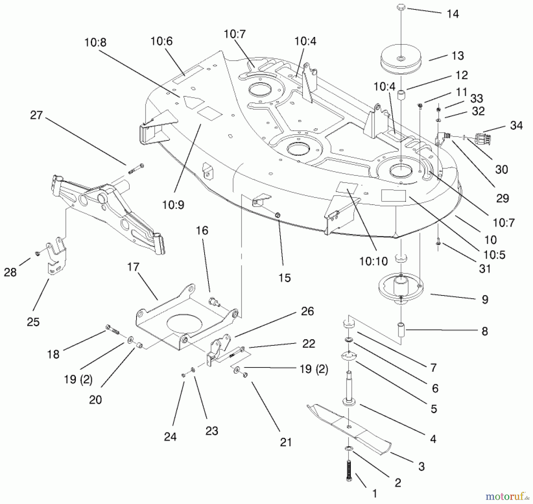 Toro Neu Mowers, Lawn & Garden Tractor Seite 1 77106 (17-44H) - Toro 17-44H Lawn Tractor, 2000 (200000001-200999999) DECK, SPINDLE & BLADE ASSEMBLY