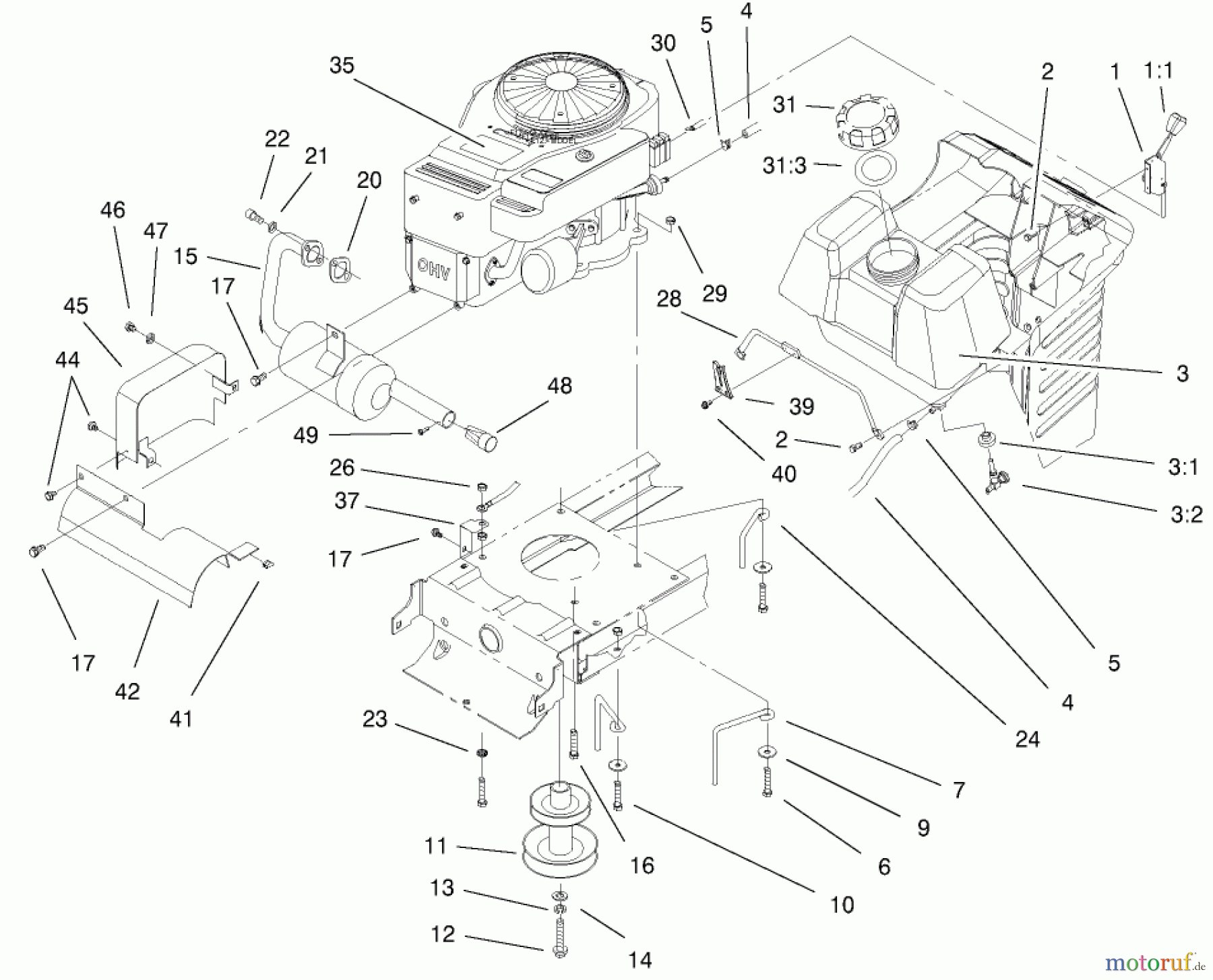 Toro Neu Mowers, Lawn & Garden Tractor Seite 1 77106 (17-44H) - Toro 17-44H Lawn Tractor, 2000 (200000001-200999999) ENGINE SYSTEMS COMPONENTS ASSEMBLY
