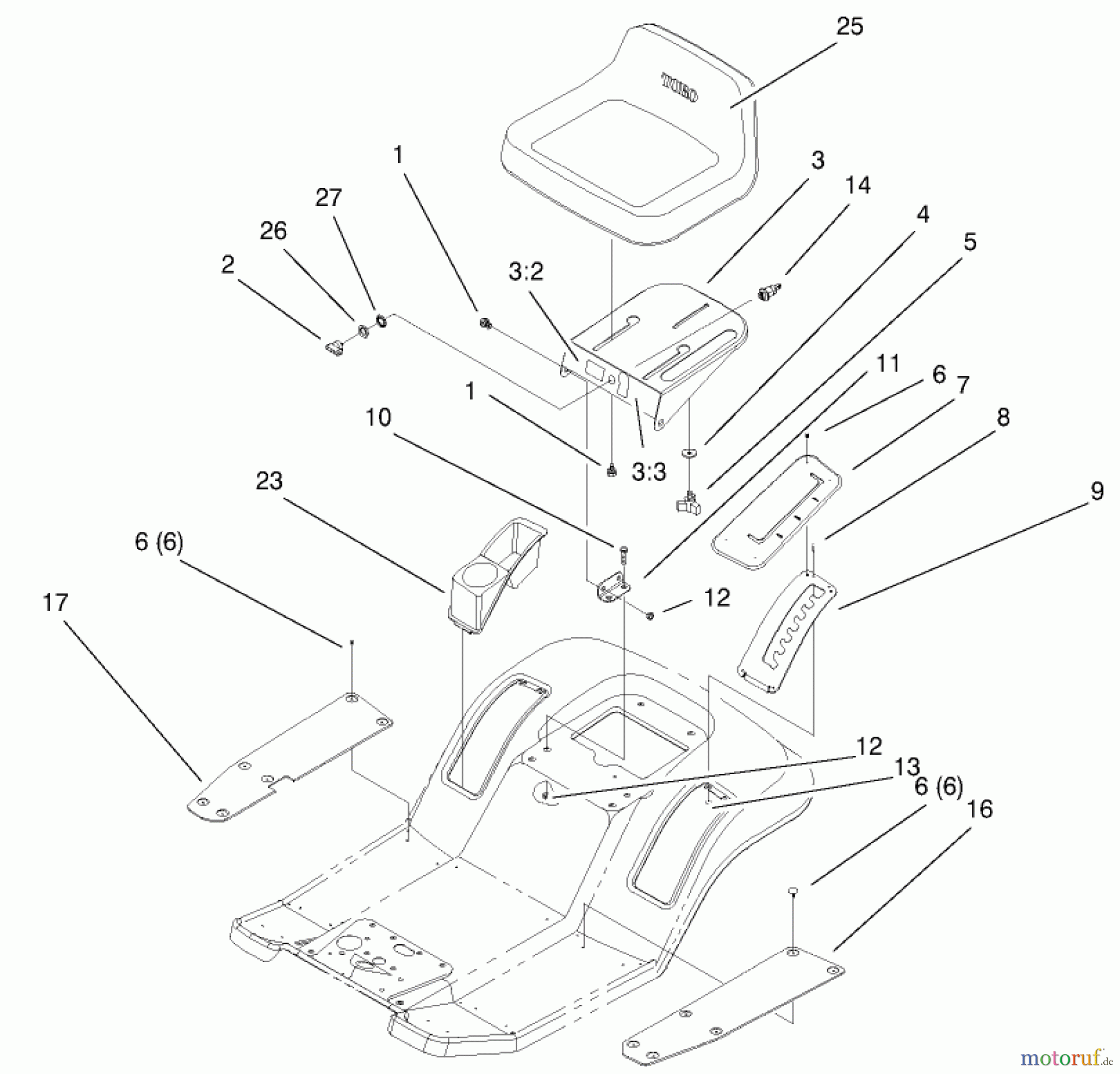 Toro Neu Mowers, Lawn & Garden Tractor Seite 1 77106 (17-44H) - Toro 17-44H Lawn Tractor, 2000 (200000001-200999999) REAR BODY & SEAT ASSEMBLY